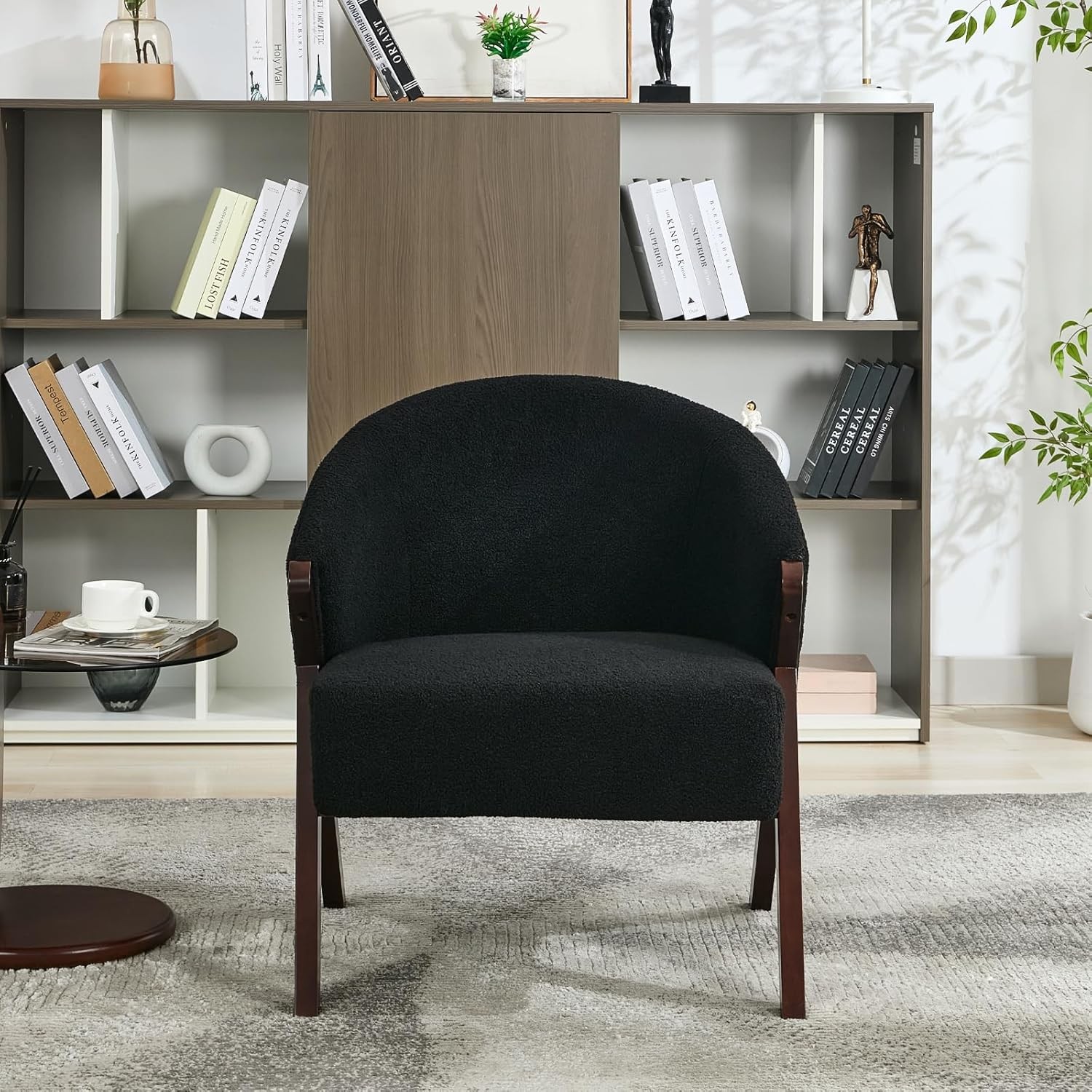 Black Modern Accent Chair with Teddy Velvet, Comfy Upholstered Reading Chair