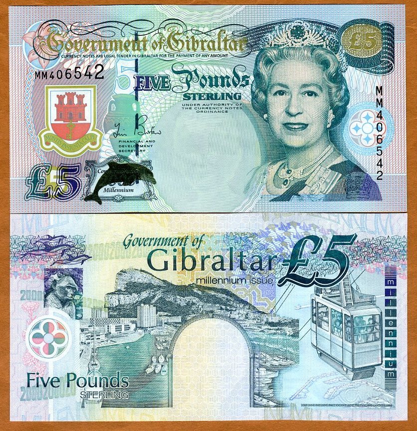 GIBRALTAR, 5 pounds, 2000, QEII, P-29, UNC Millennium Commemorative
