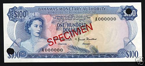 BAHAMAS 100 DOLLARS P-33 1968 QUEEN RARE SPECIMEN UNC CURRENCY MONEY BANK NOTE