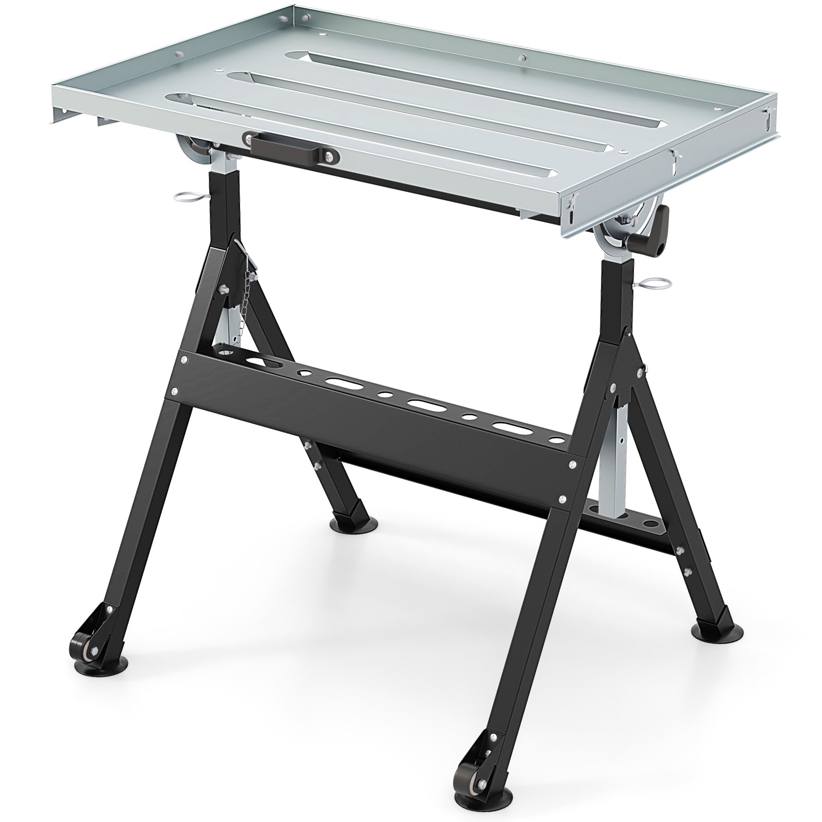Folding Welding Table w/Tabletop 2 Fixed Wheels 4-Level Height 5 Tilting Angles
