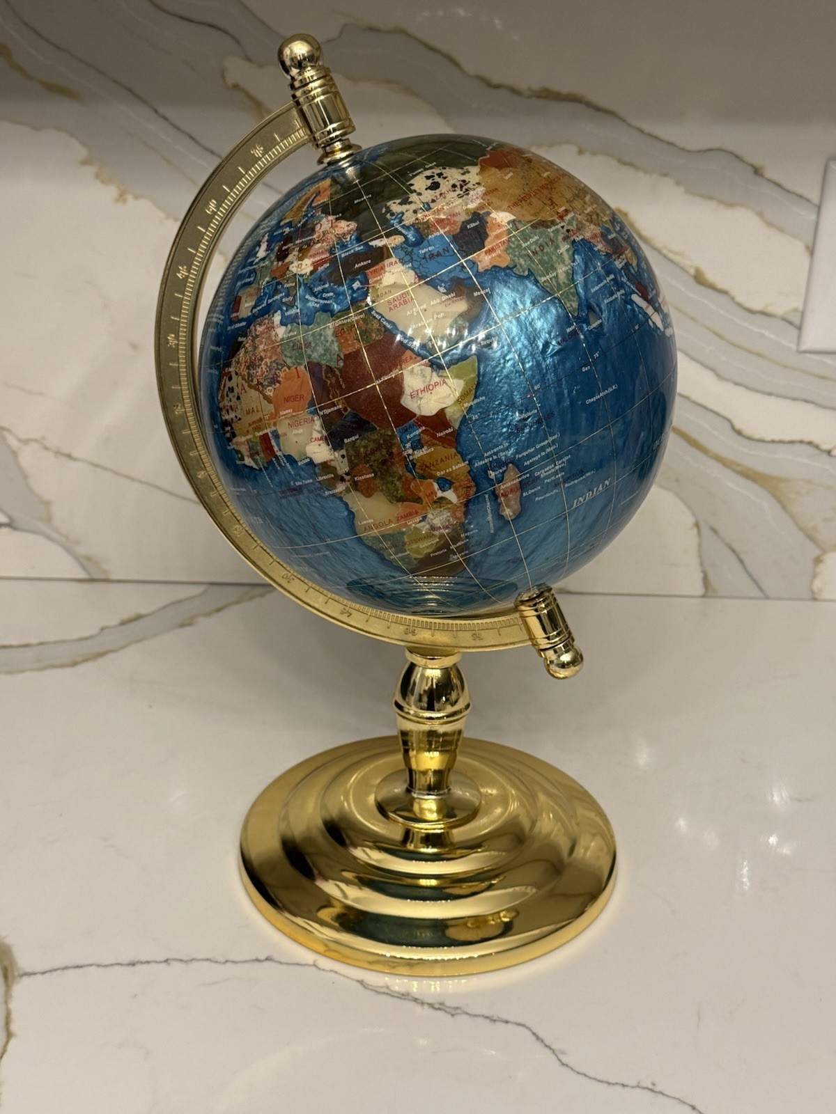 BEAUTIFUL Blue Lapis Gemstone World Globe 16" Tall Brass Stand