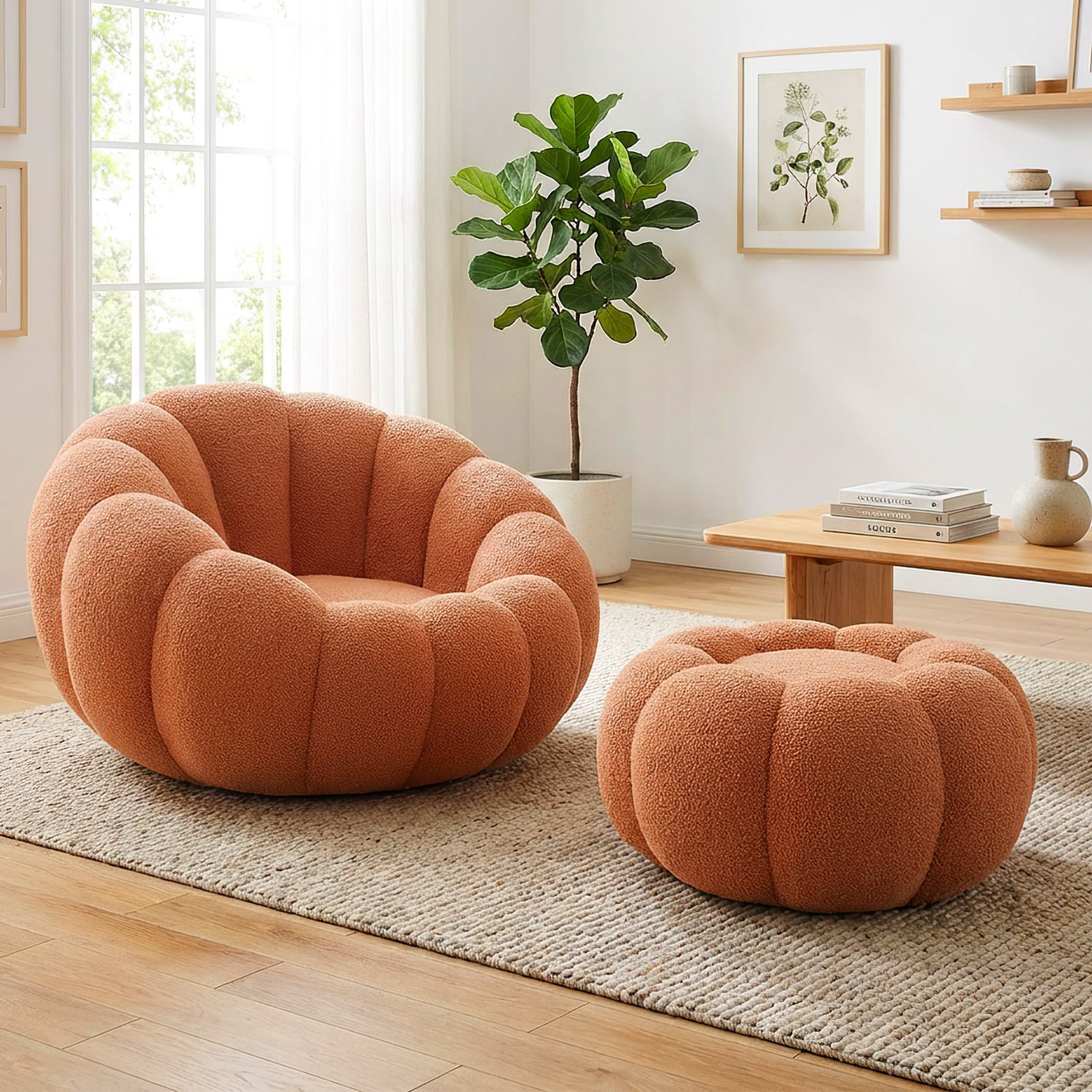 Pumpkin Shape Lounge Chair & Footstool - Brown