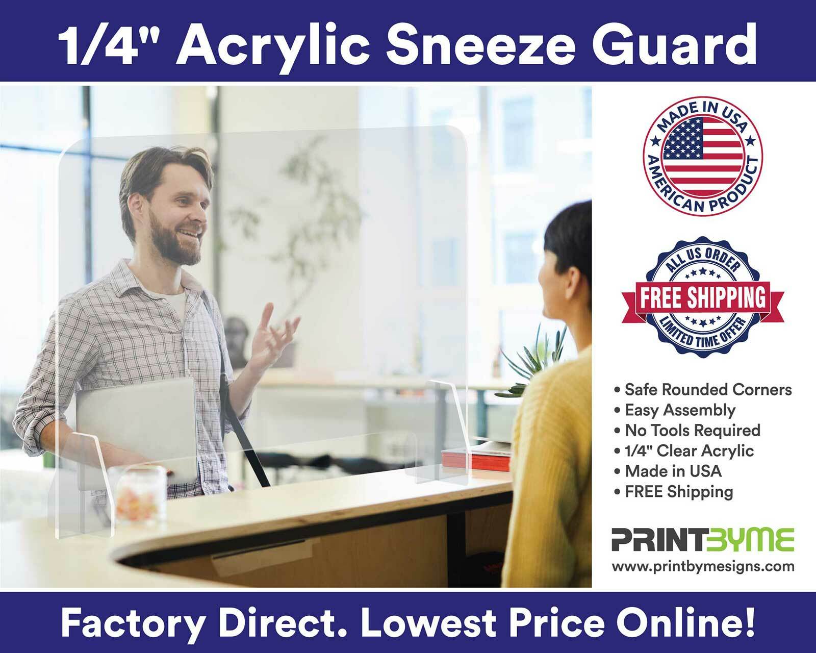 24” X 24”  Sneeze Guard, Clear Acrylic, Plexiglass Countertop Barrier Shield 6mm