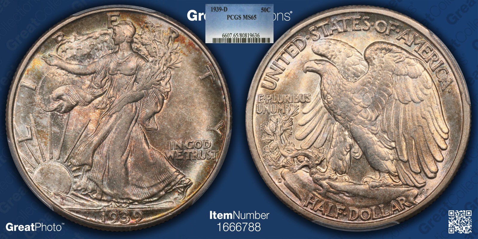 1939-D Walking Liberty Half Dollar graded PCGS65 .... Beautiful Color!!!