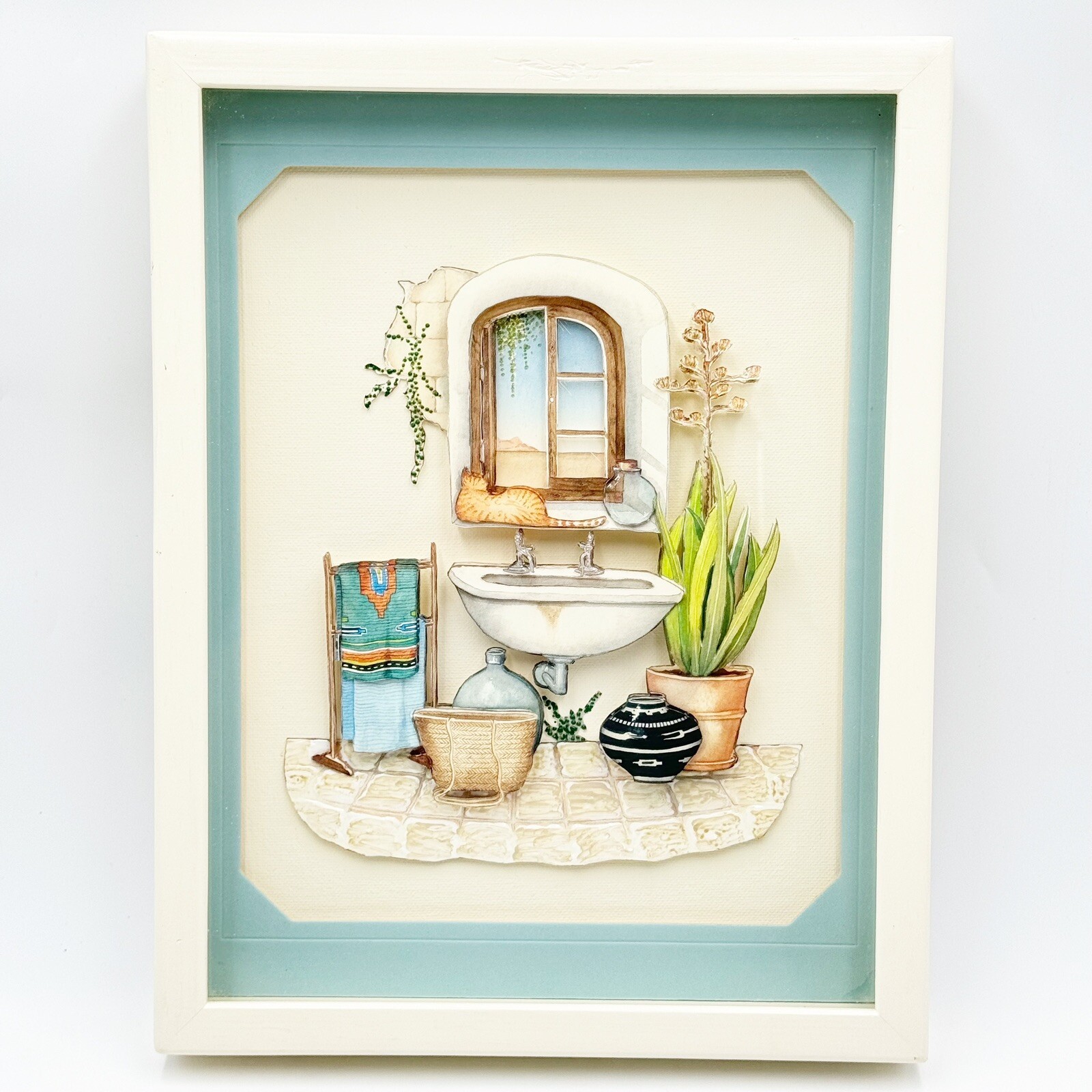 Vintage Framed Layered Paper 3D Art Southwest Bathroom Cat Window Pots Plant