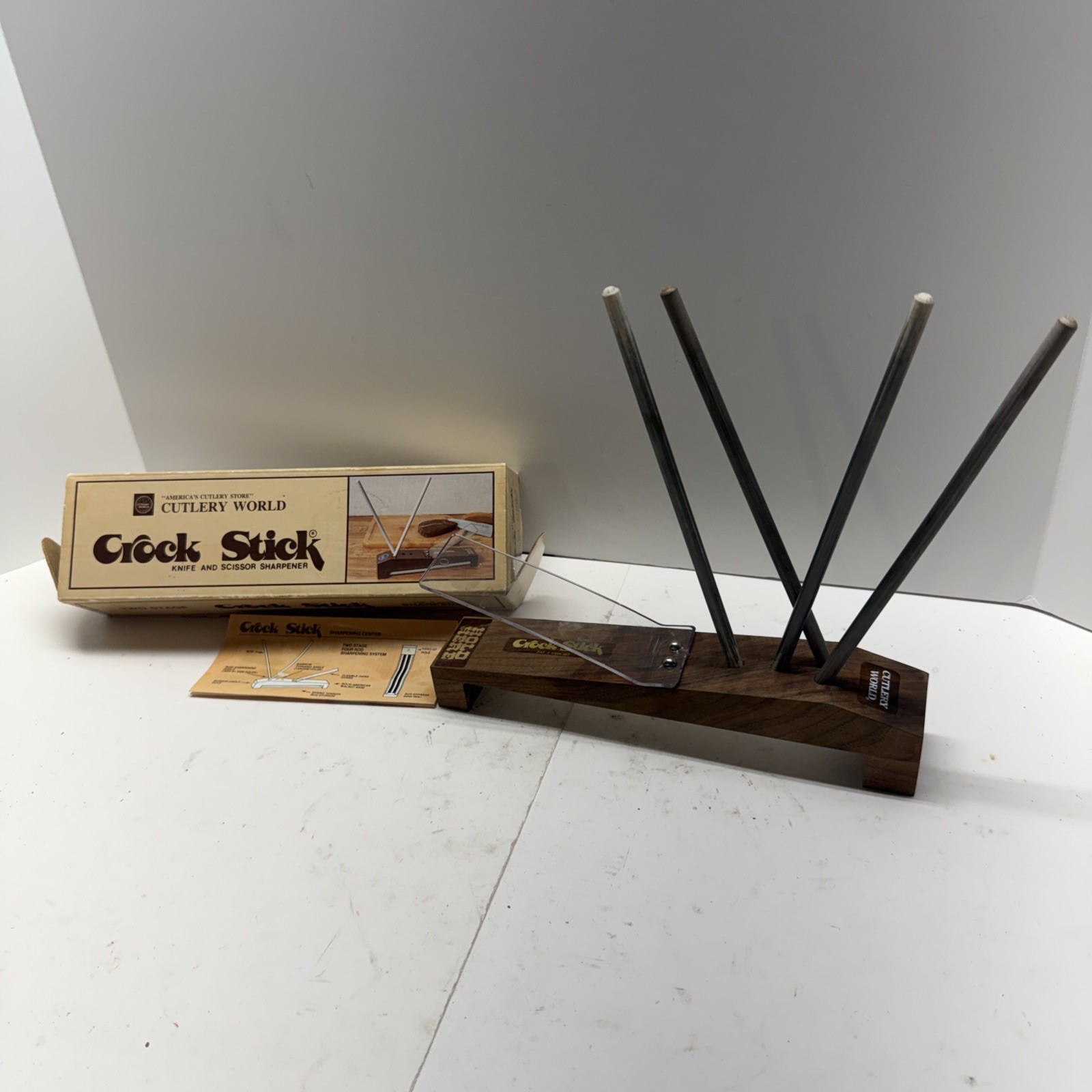 Crock Stick Vintage Knife Scissor Sharpener Walnut Base 4 Rods Cutlery World USA
