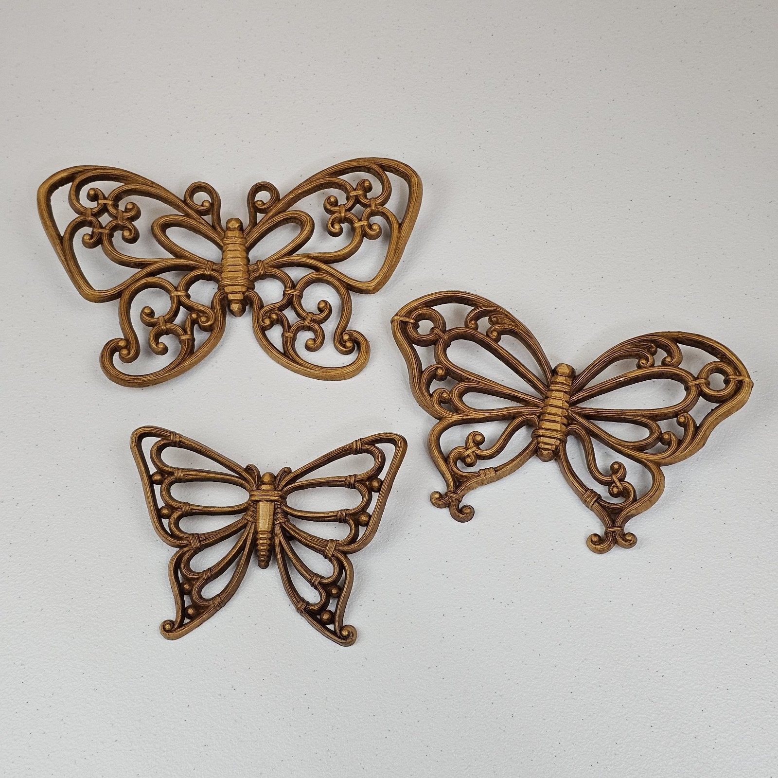 Vtg Butterfly Wall Hanging Decor Set Of 3 Homco 1970’s Faux Wood Boho MCM