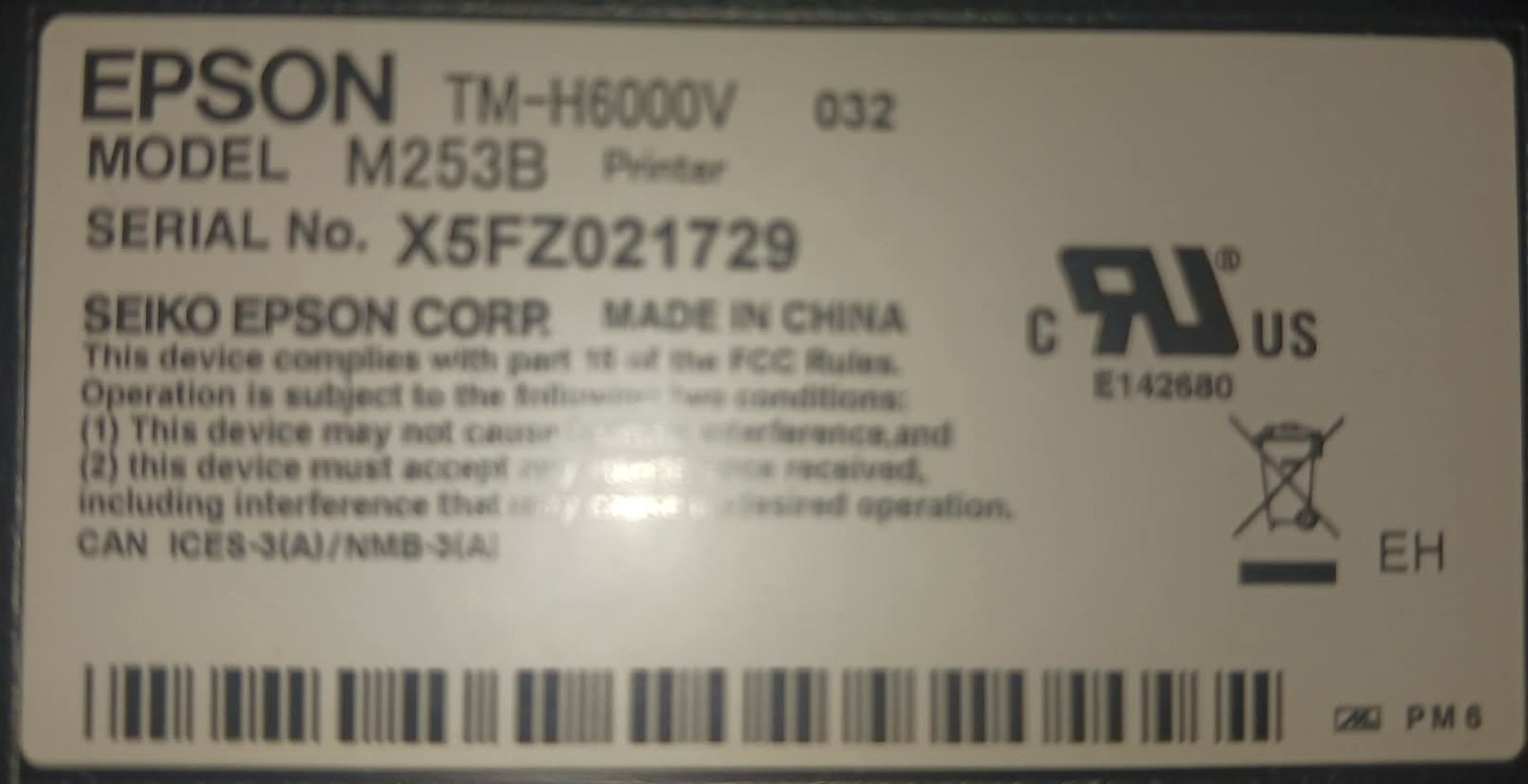 Epson Receipt Printer Model M253B