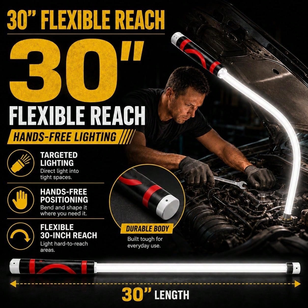 30" Bendable Mechanic Work Light Flexible LED Flashlight Stick for Car Repair