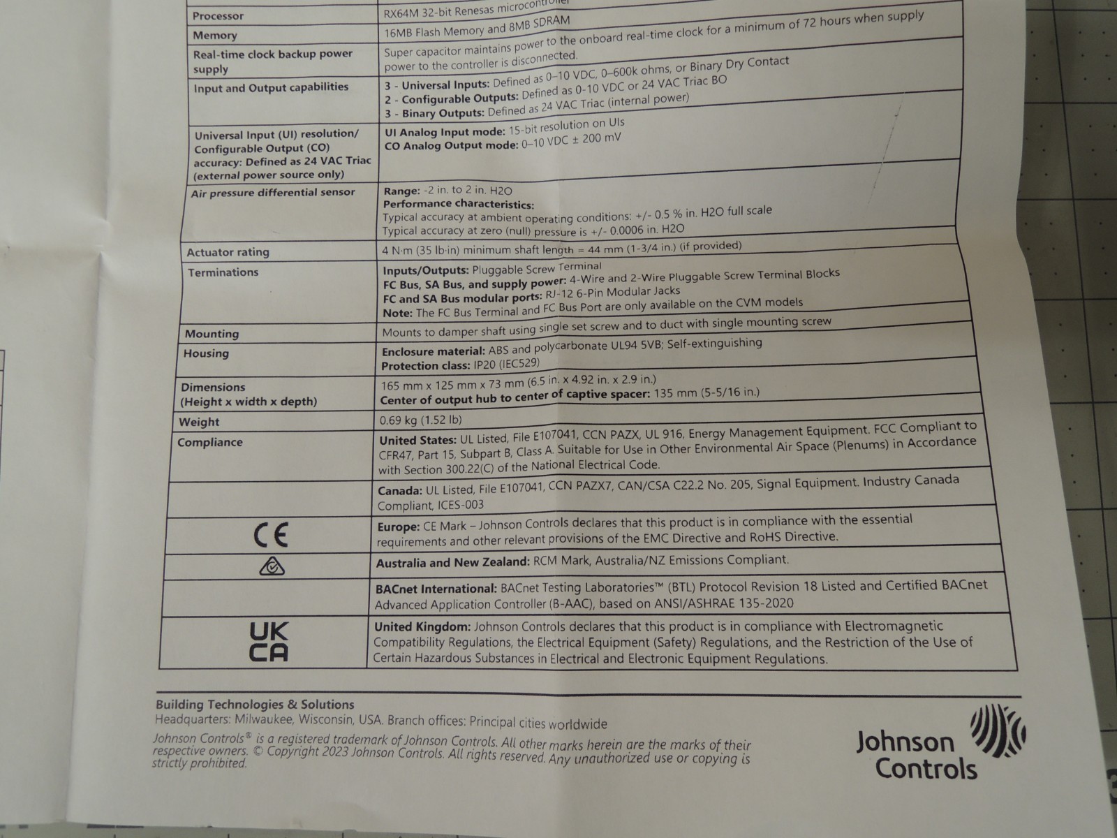 Johnson Controls F4-CVE03050-0P VAV Box Controller w/ Actuator & DPT Sensor