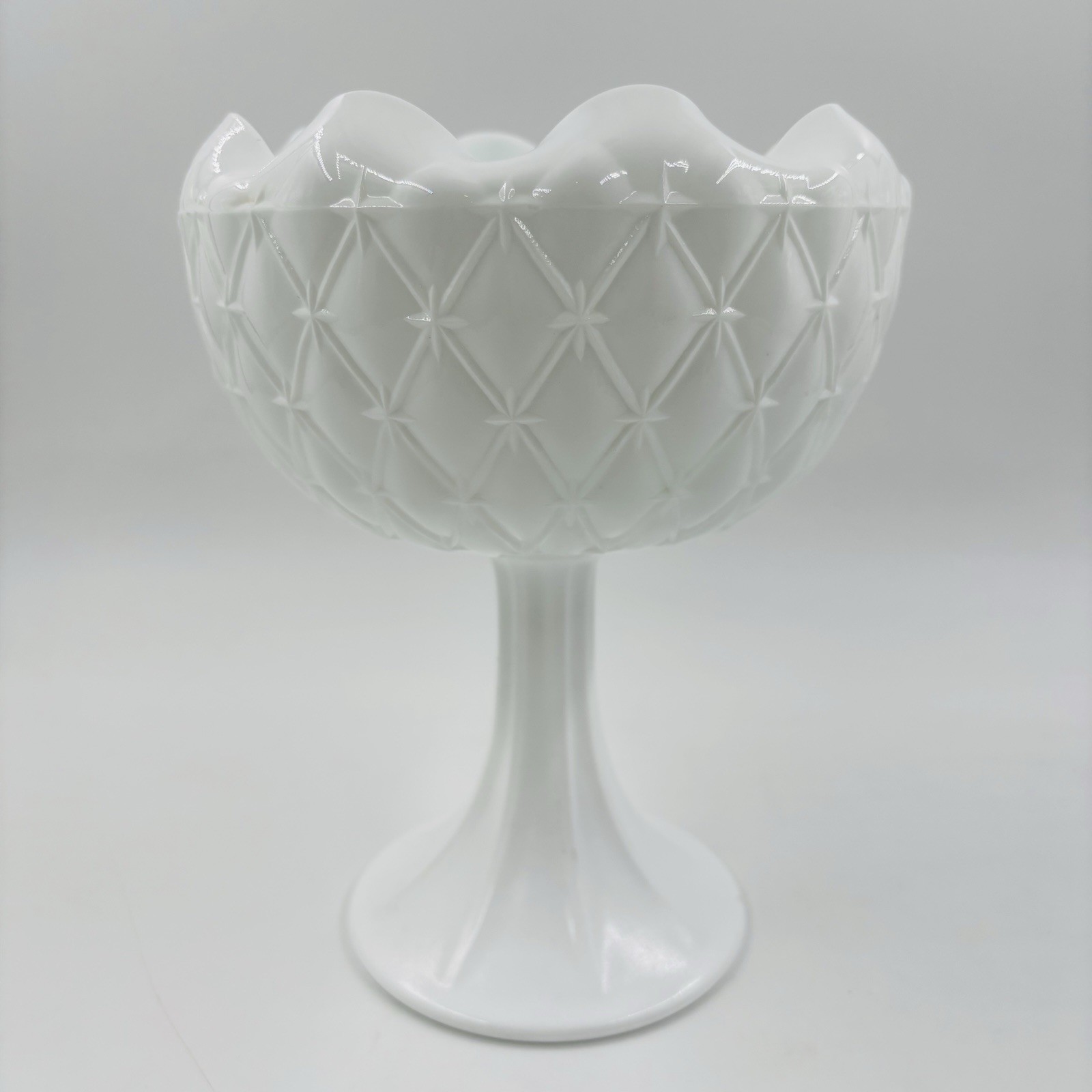Indiana Duette Quilted Diamond  Milk Glass Compote Dish Footed Planter Pedestal