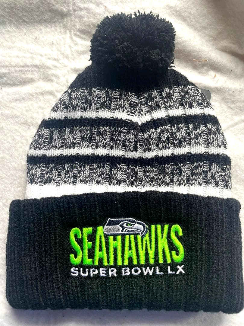 2026 NFL Super Bowl 60 San Francisco Seattle Seahawks Logo Thick Beanie w Pom