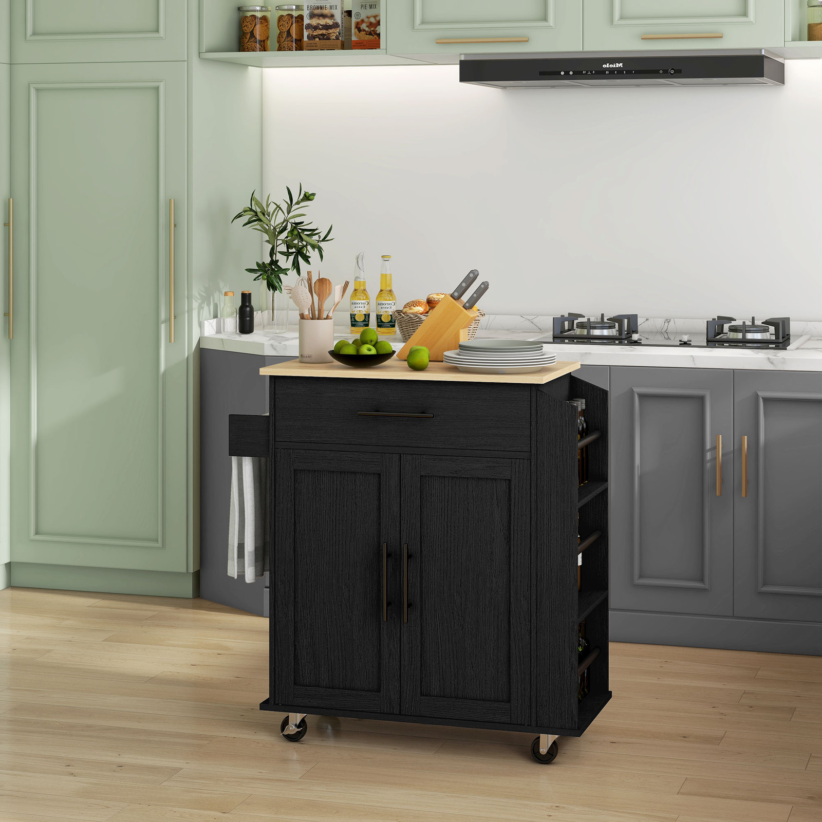 Kitchen Island with Storage and Power Outlets, Rolling, Black
