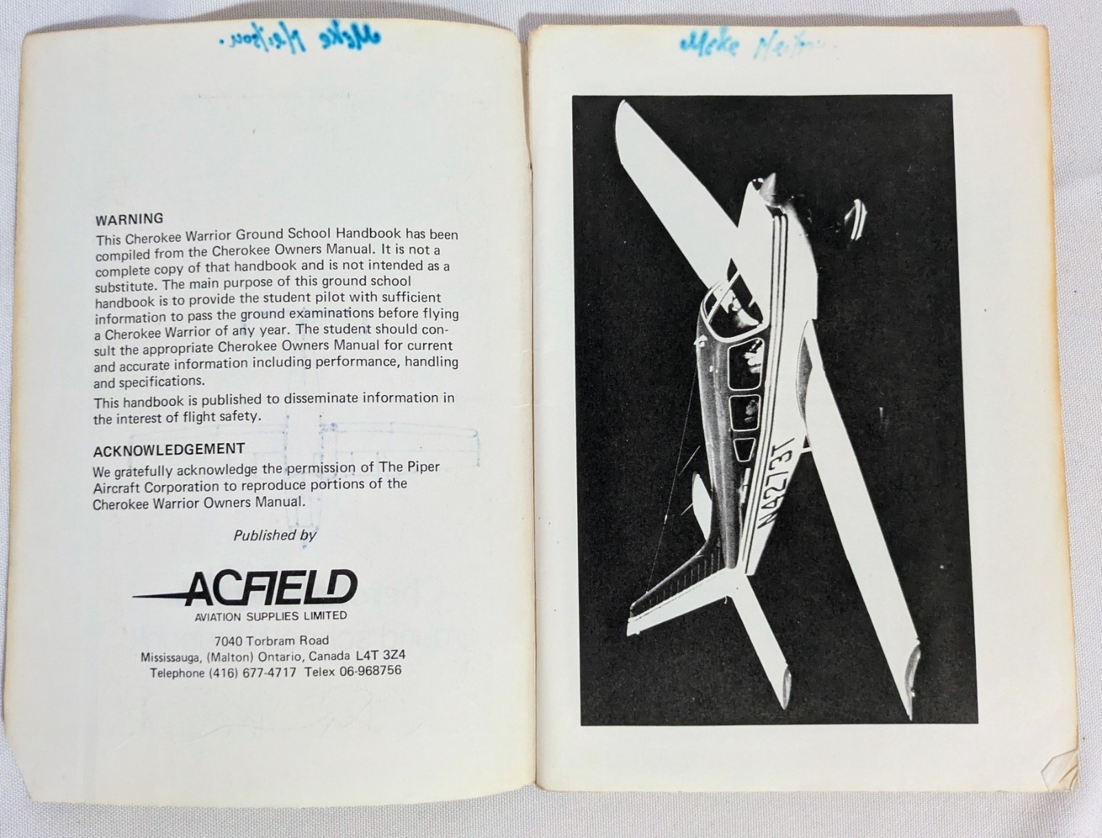 CHEROKEE WARRIOR HANDBOOK CLASSROOM GUIDE AIRPLANE AIRCRAFT AVIATION