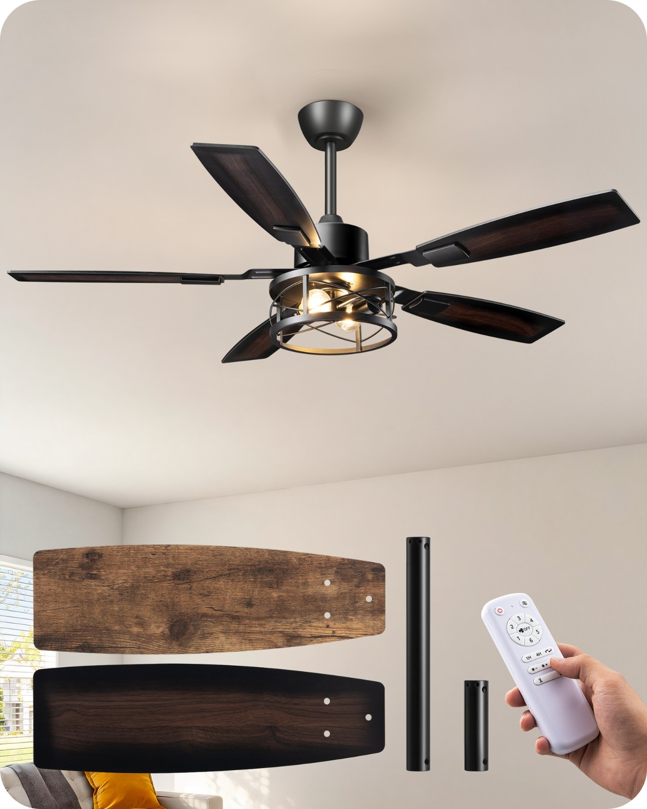 52"Farmhouse Ceiling Fan Light Dimmable Remote 6-Spd DC Motor Wood Blades Rustic