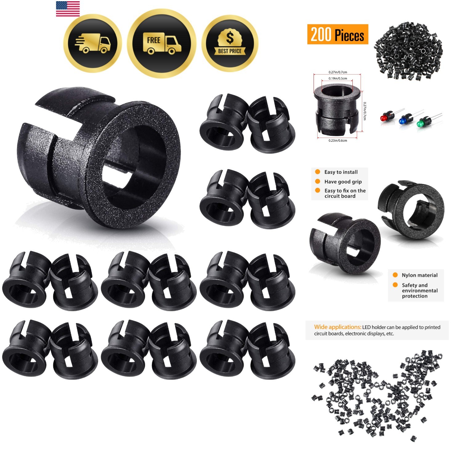 200 Pieces 5 mm LED Holder Black Plastic Light Emitting Diode Clips Display P...