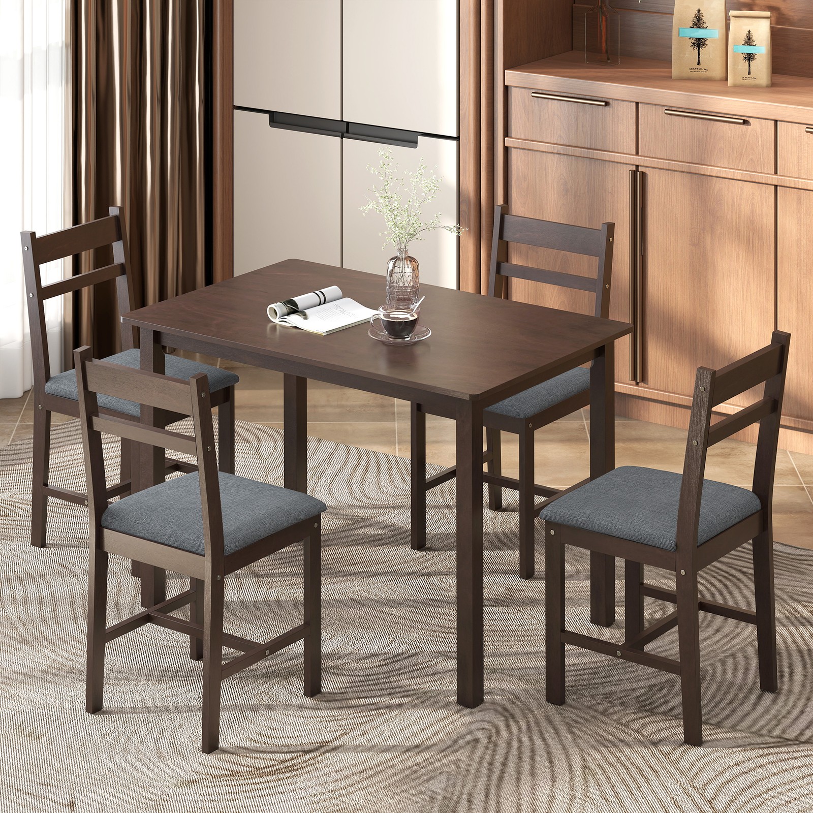 5-Piece Dining Table Set for 4, Kitchen Table and Chairs, Walnut