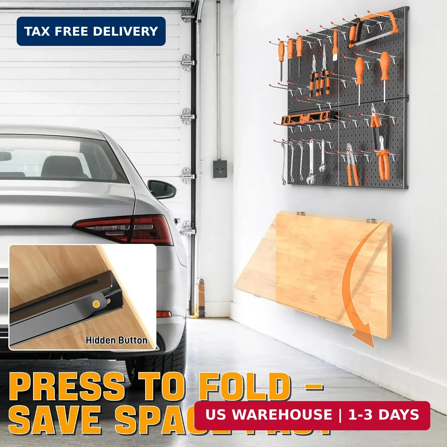 Folding Workbench with Pegboard, Wall Mount Work Table | Heavy Duty Ga
