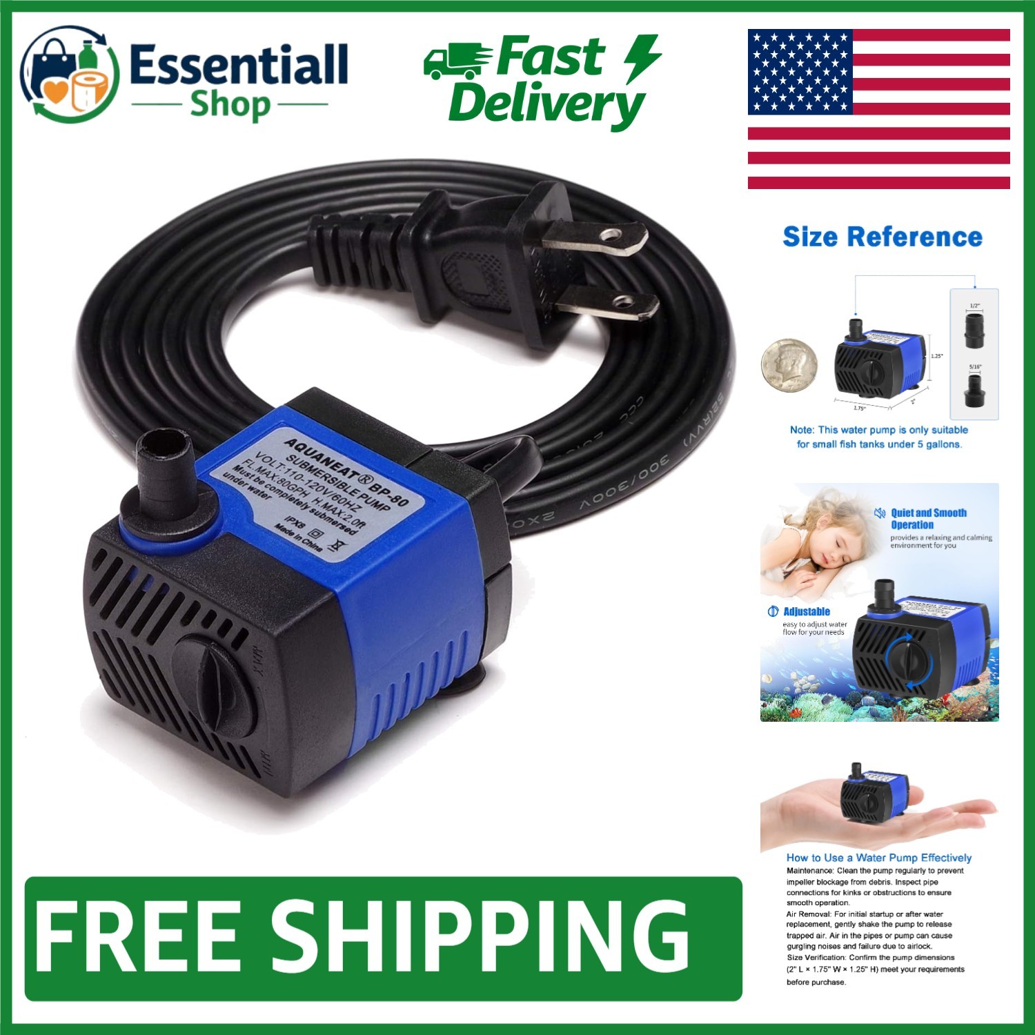 80 GPH Compact Submersible Water Pump for Aquariums & Fountains - Mini Size