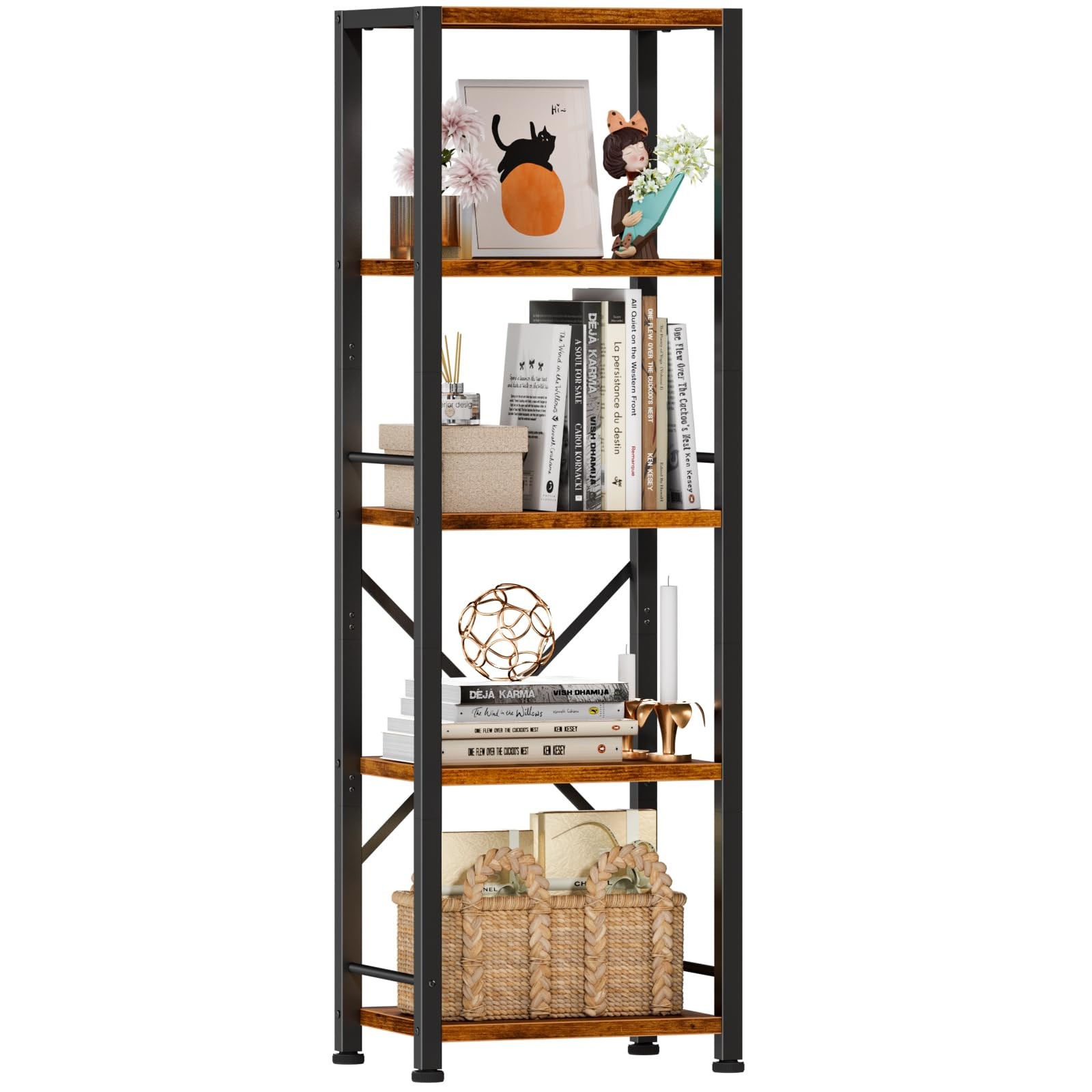 5 Tier Tall Bookshelf, Rustic Narrow Bookcase, Display Standing Shelf Units, Met