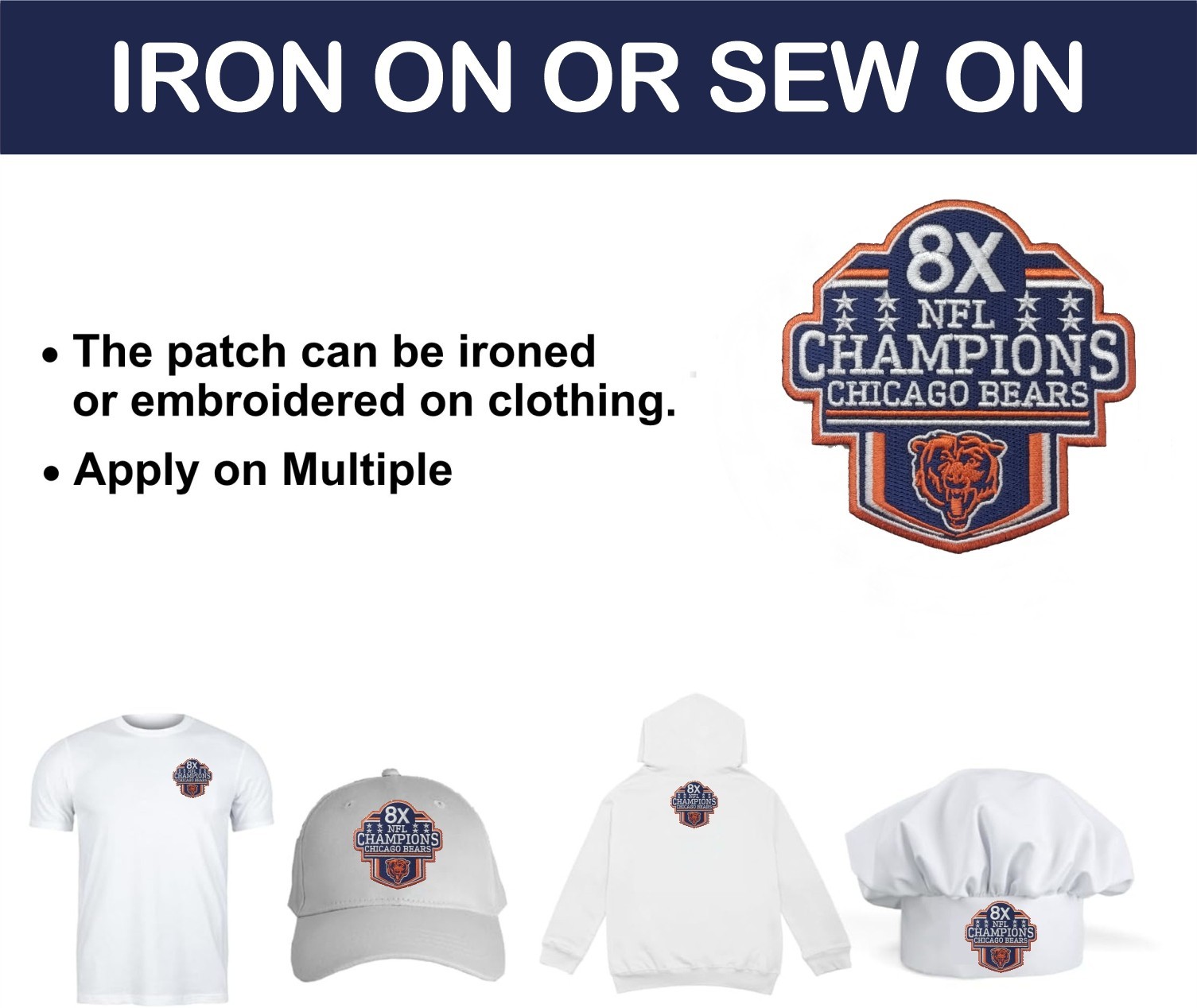 Chicago Bears 8x NFL Champions Logo Iron On Patch-Sew Patch-Embroidered Patch