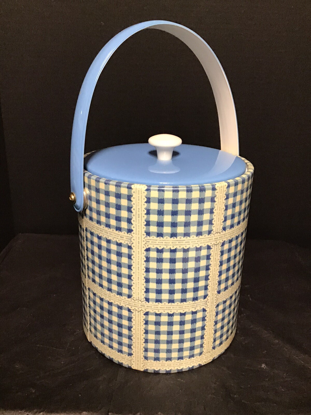 Vintage Vinyl Blue Gingham Print Ice Bucket Tub Fitted Lid Attached Handle