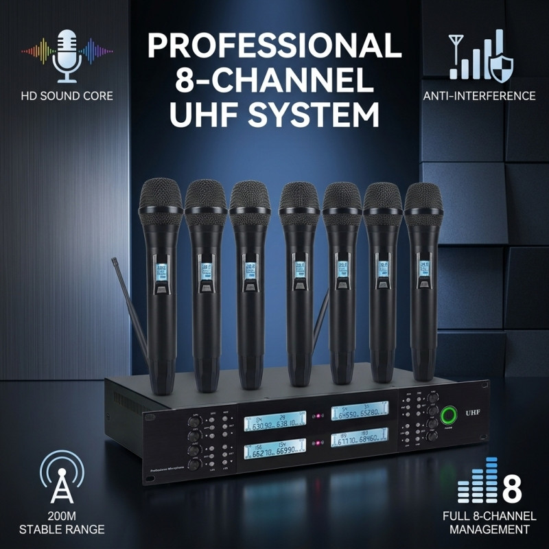 Professional 8-channel UHF wireless handheld microphone system