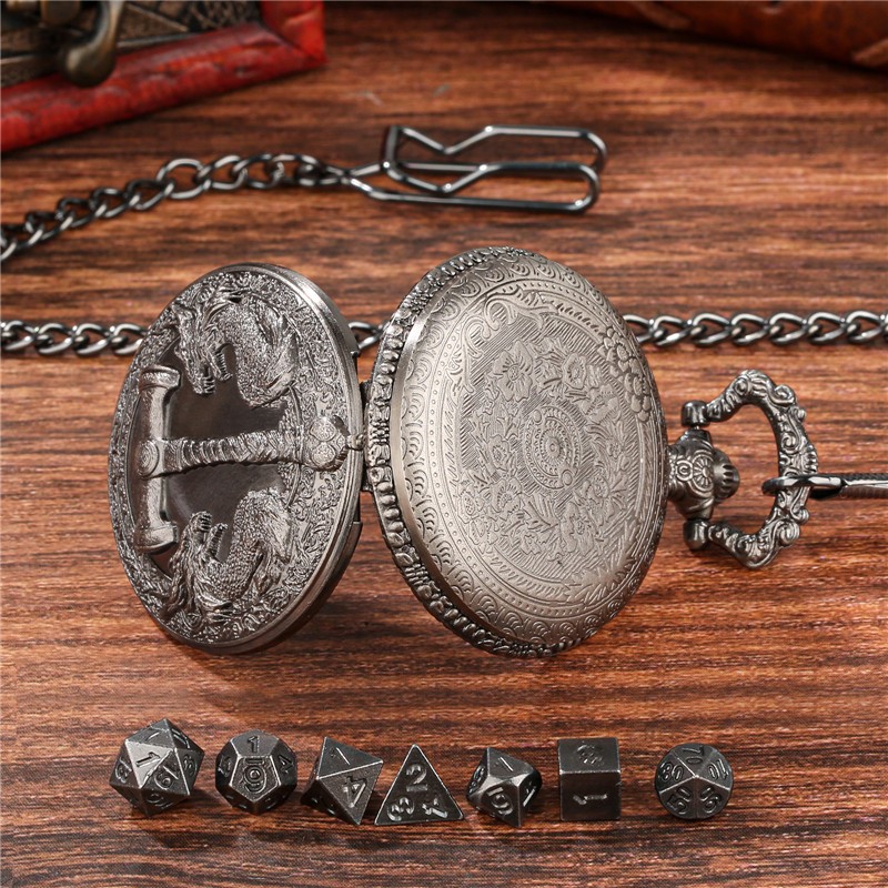 7pcs Mini Solid Metal Polyhedral Dice Set for RPG in Dragon Pocket Watch Case
