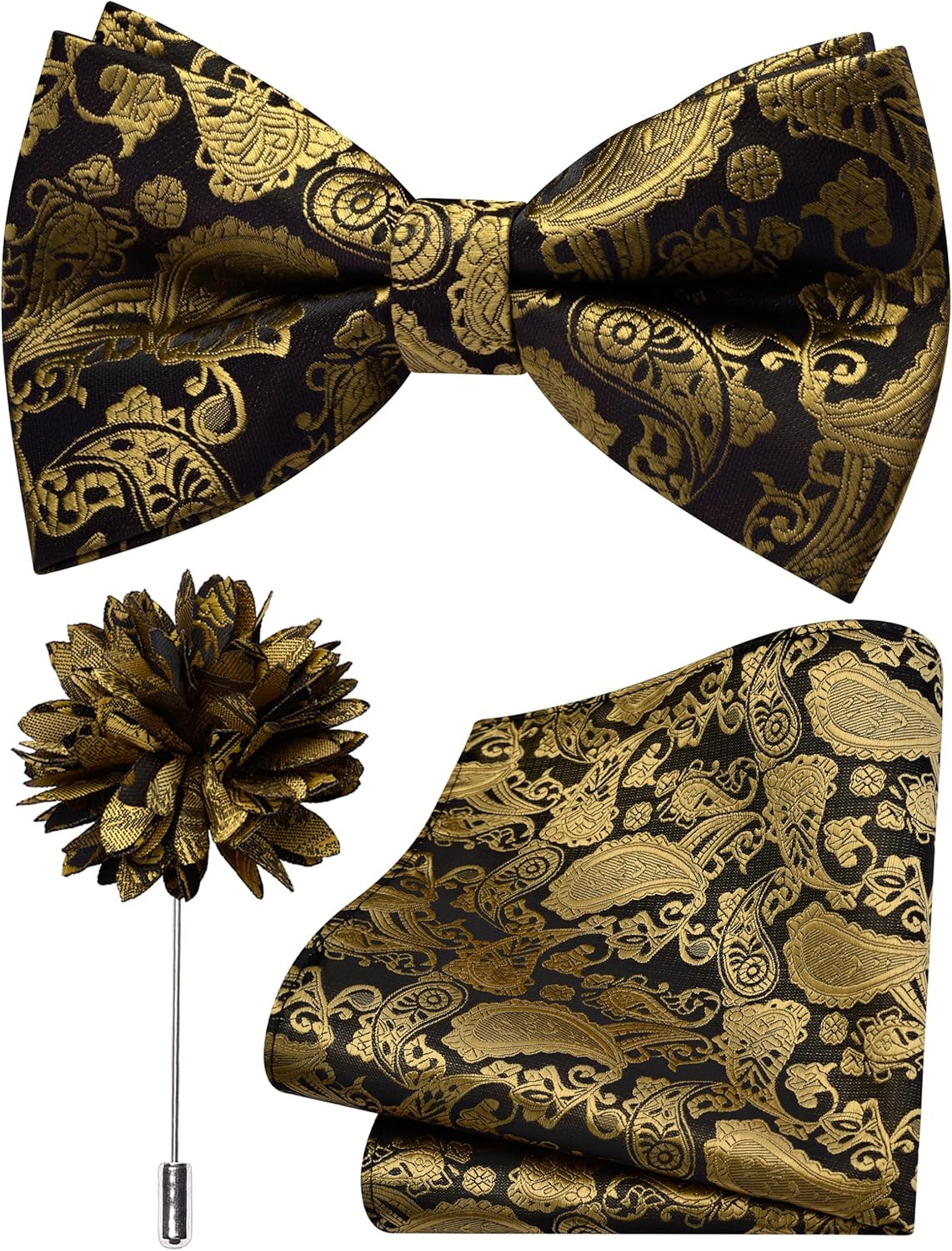 Branduce Paisley Pre-tied Bow Tie and Pocket Square Lapel Pin Set Black Gold