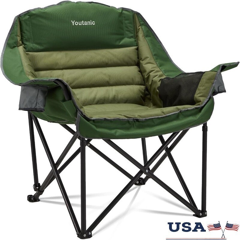 Oversized Portable Camping Chair W/ Cup Holders & Side Pockets Heavy Duty Green