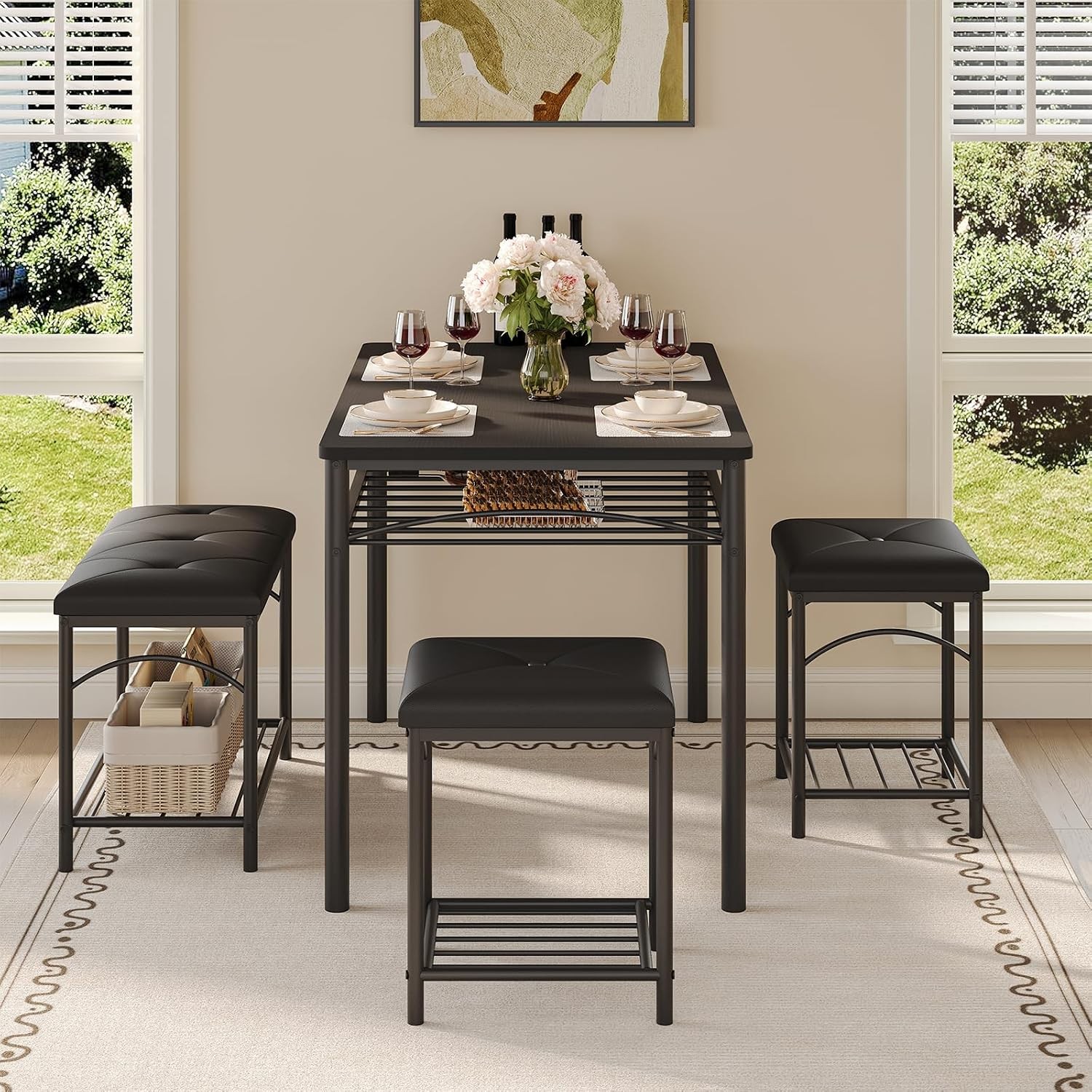 Dining Table Set 4 W/ Upholstered Benches & 2 Stools Modern Space Saving Kitchen