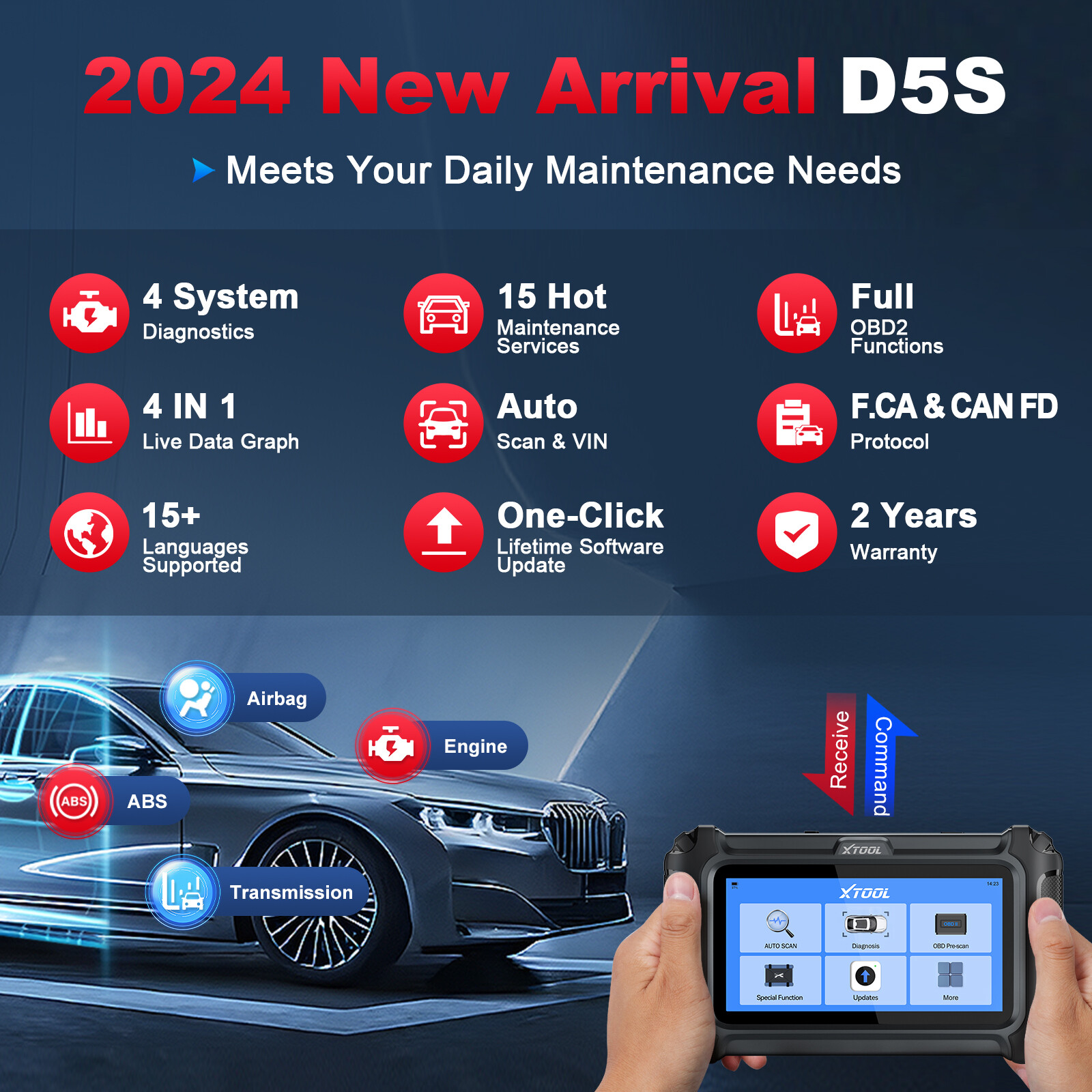 XTOOL D5S Auto Diagnostic Scanner Tool Car Code Reader AutoAuth CANFD 15+Resets
