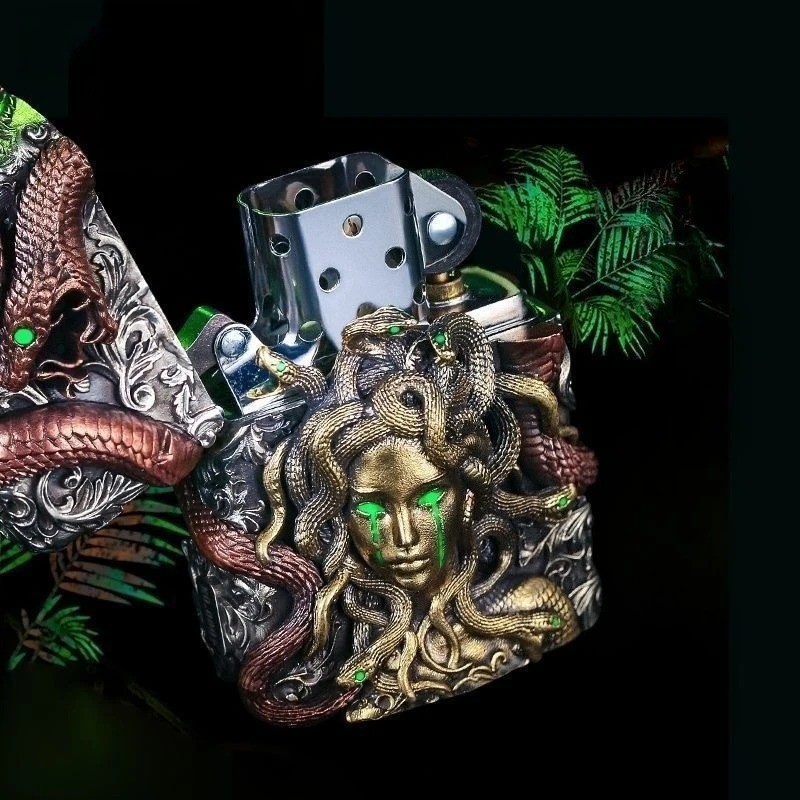 Medusa Armor Brass Fuel Lighter Luminous Wheel Kerosene Retro Gift Box EDC