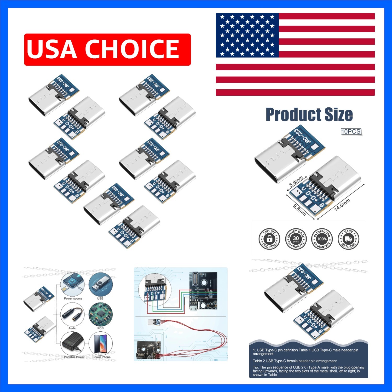 10 PCS USB 3.1 Type C Connector, 24 Pins Male Female Plug USB Type C Breakout...