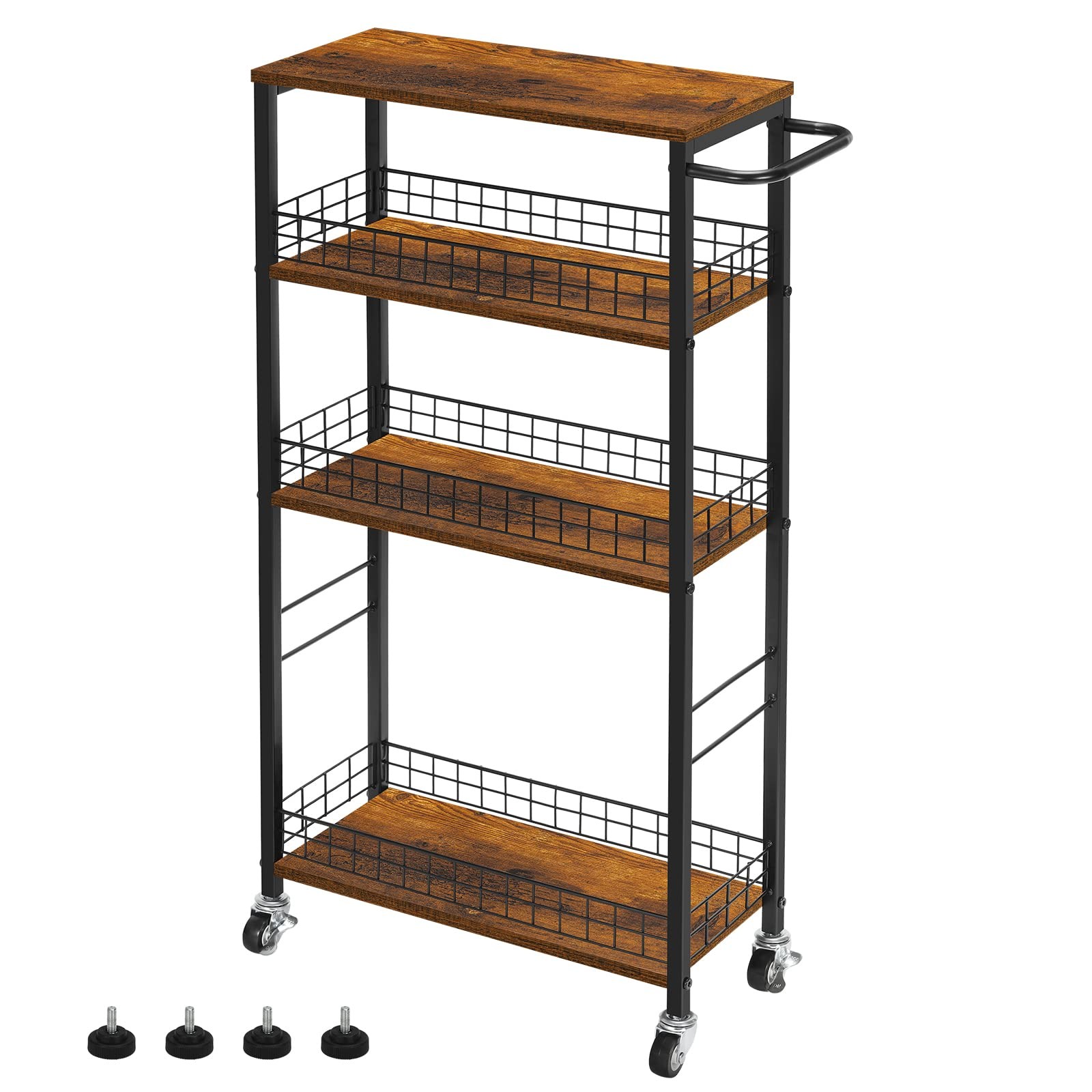 Slim Storage Cart 4 Tier Narrow Kitchen Rolling Cart with Wooden Tabletop Mob...