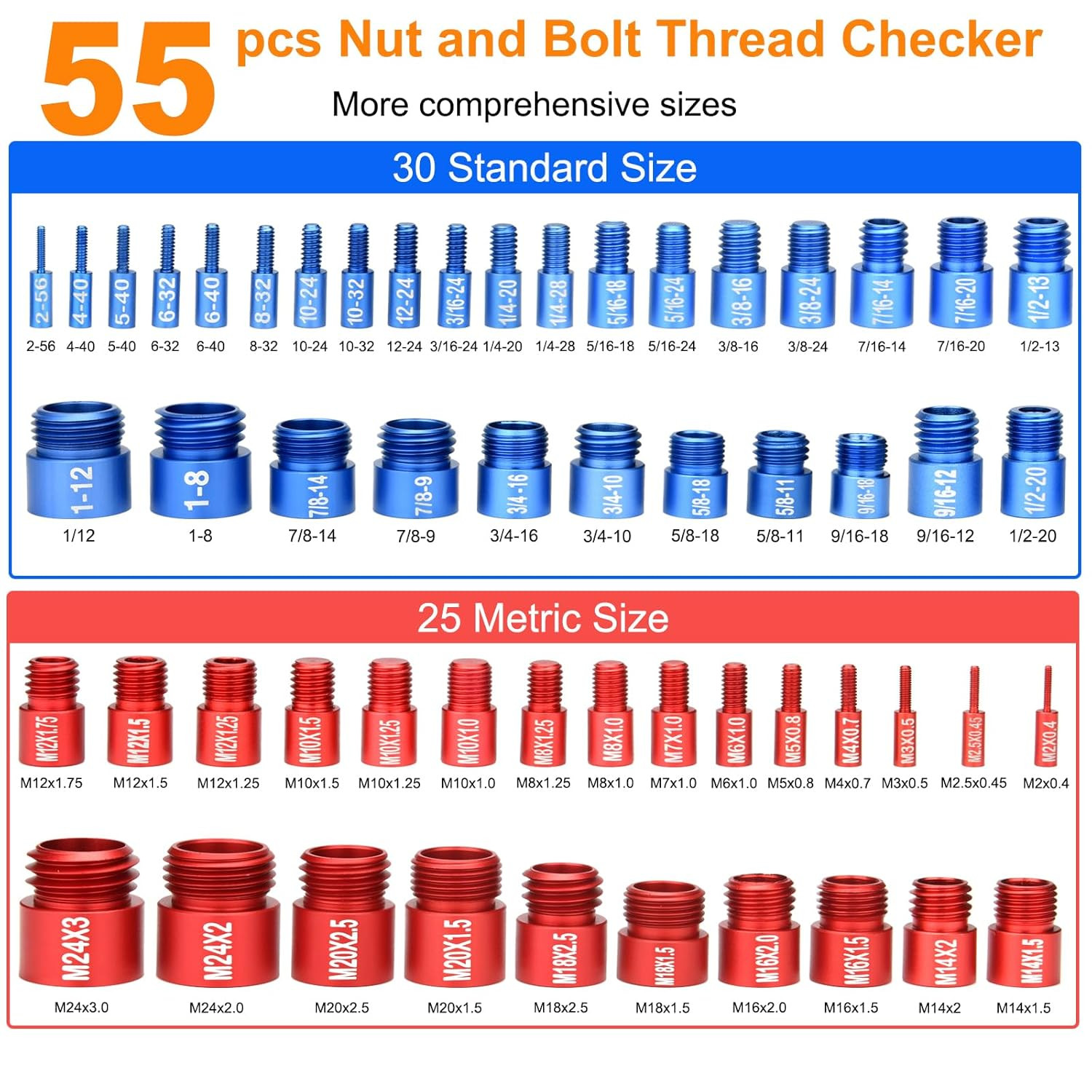 55PCS Nut & Bolt Thread Checker Metric SAE Thread Gauge Set Size Finder
