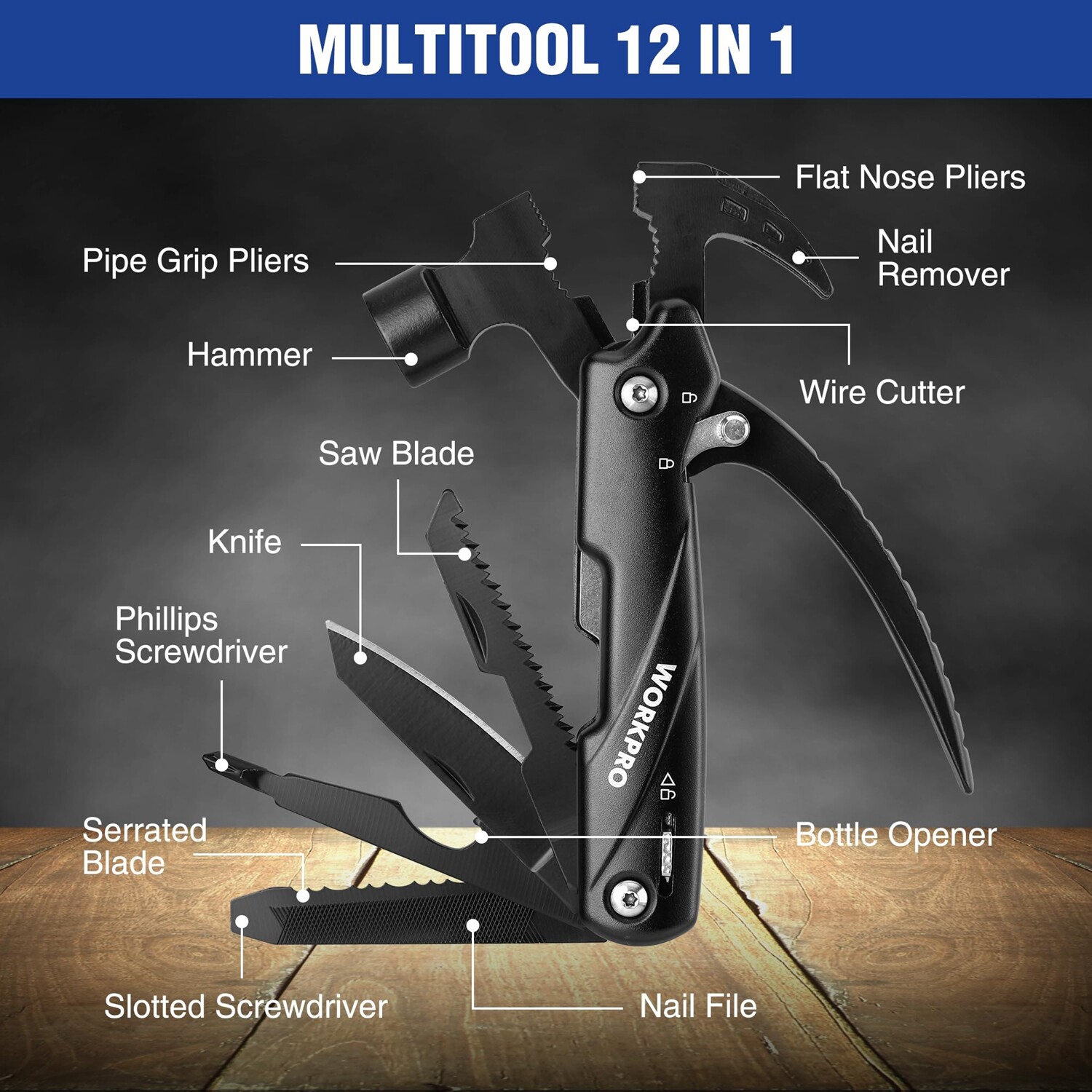 WORKPRO Multitool 12 in 1 Camping Tool w/Mini Hammer-EDC Gear Multi Tools Hammer