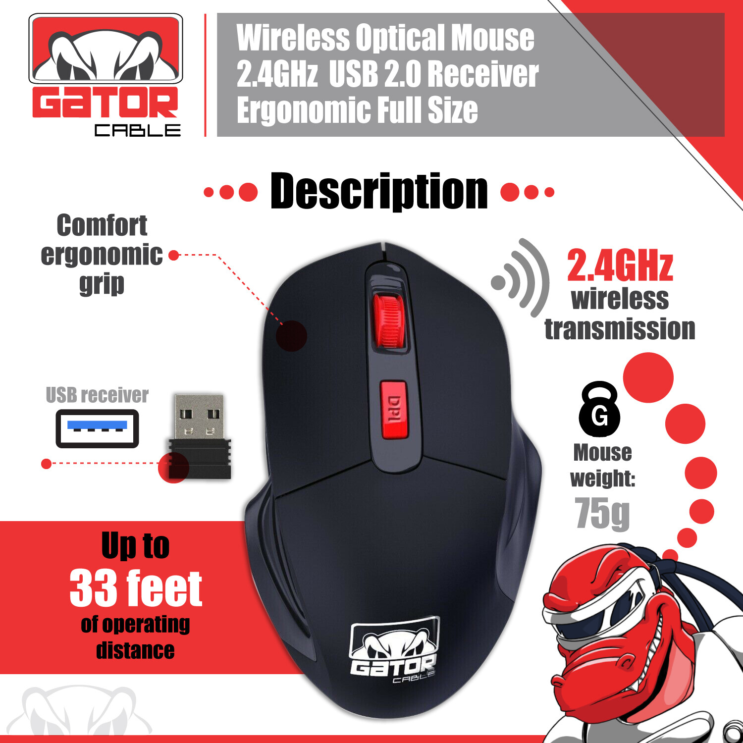 Wireless Optical Mouse Ergonomic USB Receiver 2.4GHz for Laptop PC Computer Mac