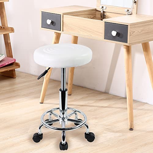 PU Leather Modern Round Rolling Stool with Footrest Height Adjustable White