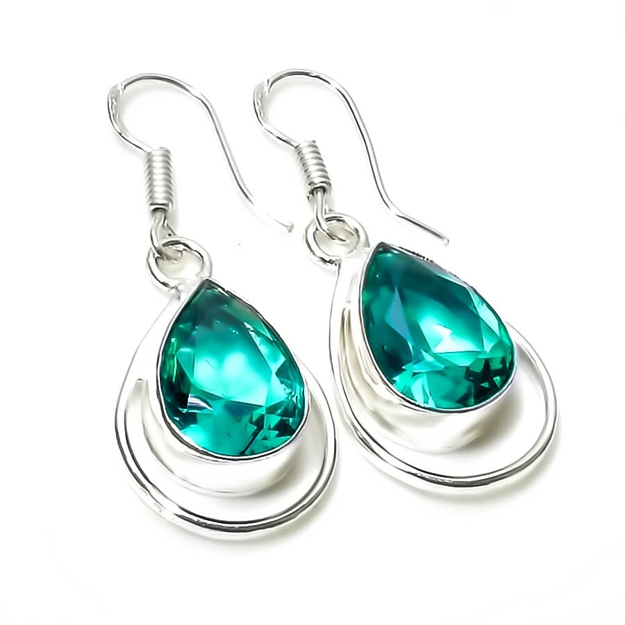 Paraiba Tourmaline Gemstone Handmade 925 Sterling Silver Jewelry Earring Sz 1.2"