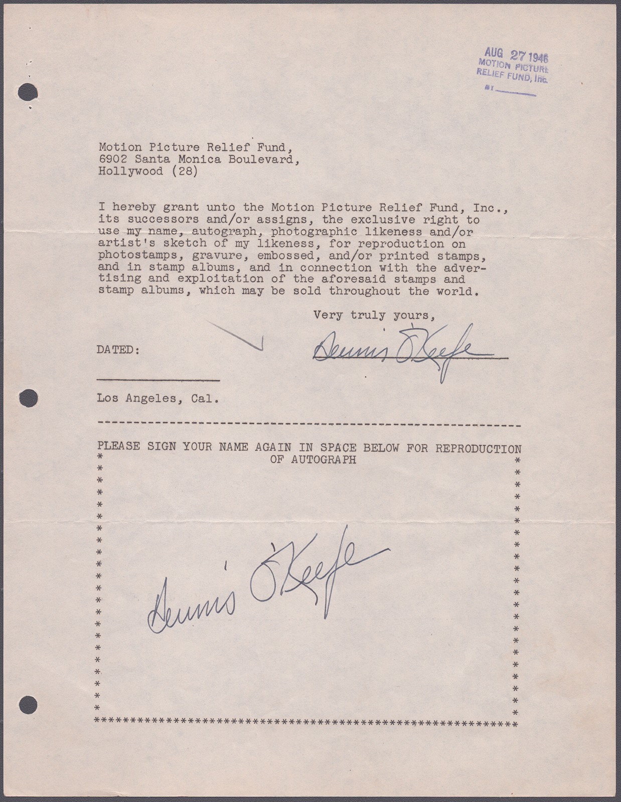DENNIS O''KEEFE - DOCUMENT DOUBLE SIGNED 08/27/1946