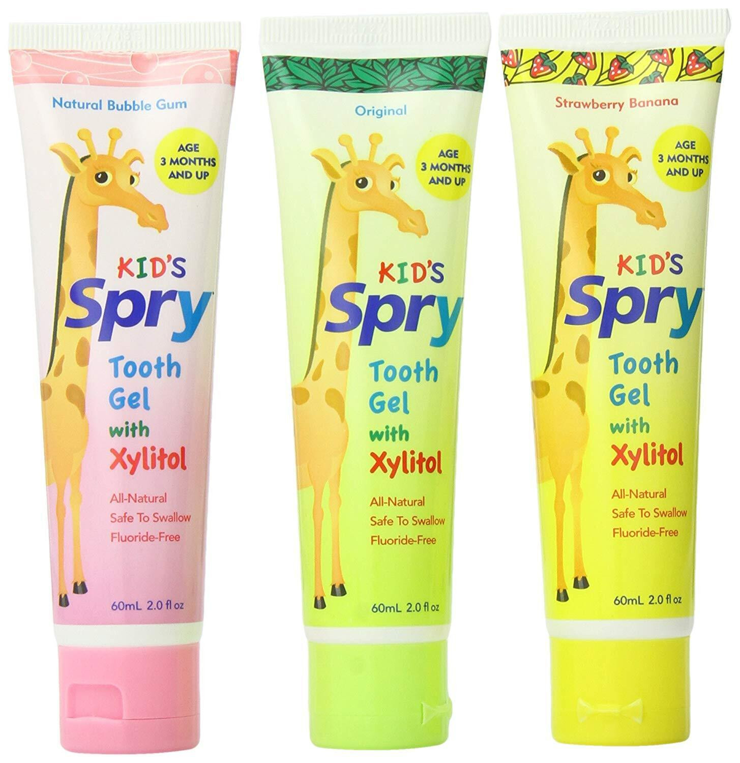 Spry Kid'S Xylitol Tooth Gel (3 Pack) Bubble Gum, Original, Strawberry Banana