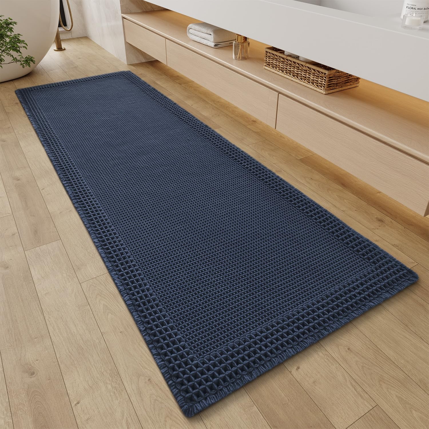 Bathroom Runner Rug 2 x6 Non Slip Washable Quick Dry Navy RESARE Waffle Rugs