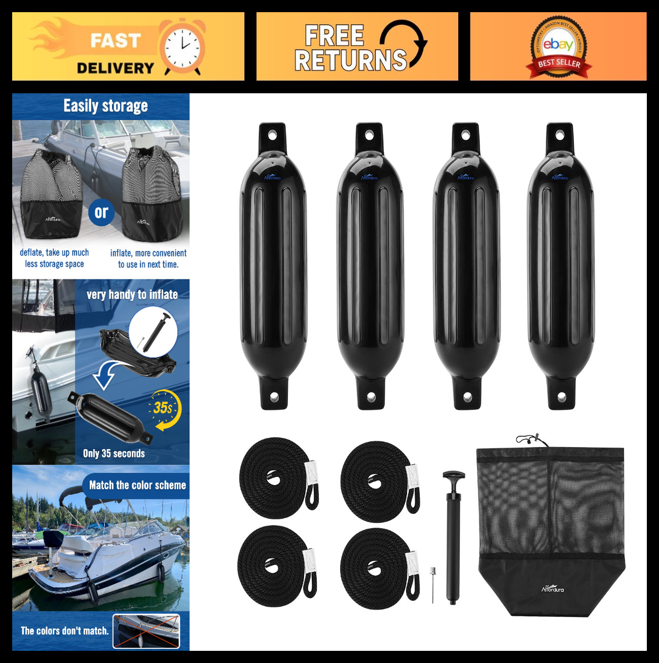 4 Pack Boat Bumpers Fenders with Ropes | Inflatable Pontoon Boat Protection