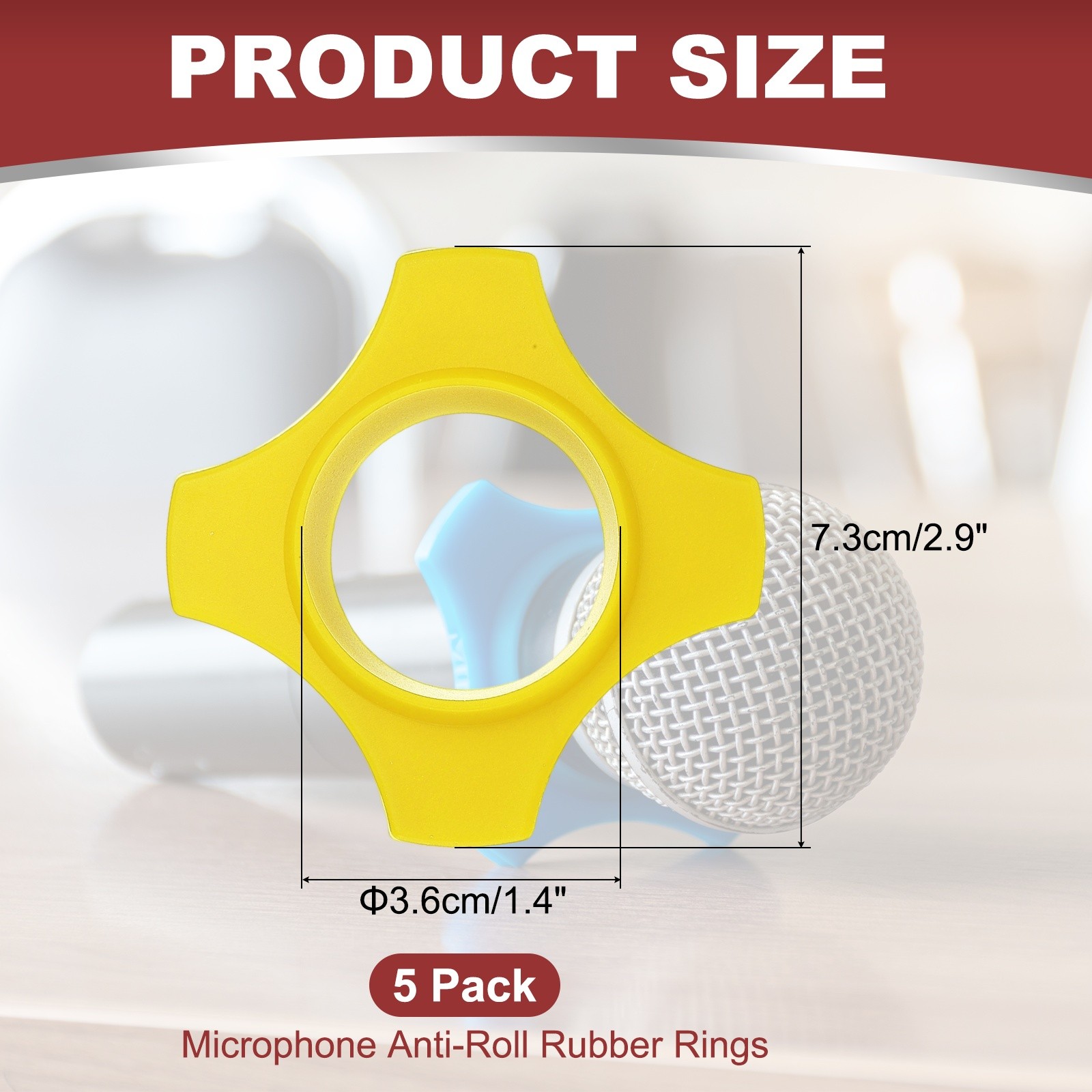 Microphone Anti-Roll Rubber Rings, 5 Pack & 1.4 x 2.9" & Yellow
