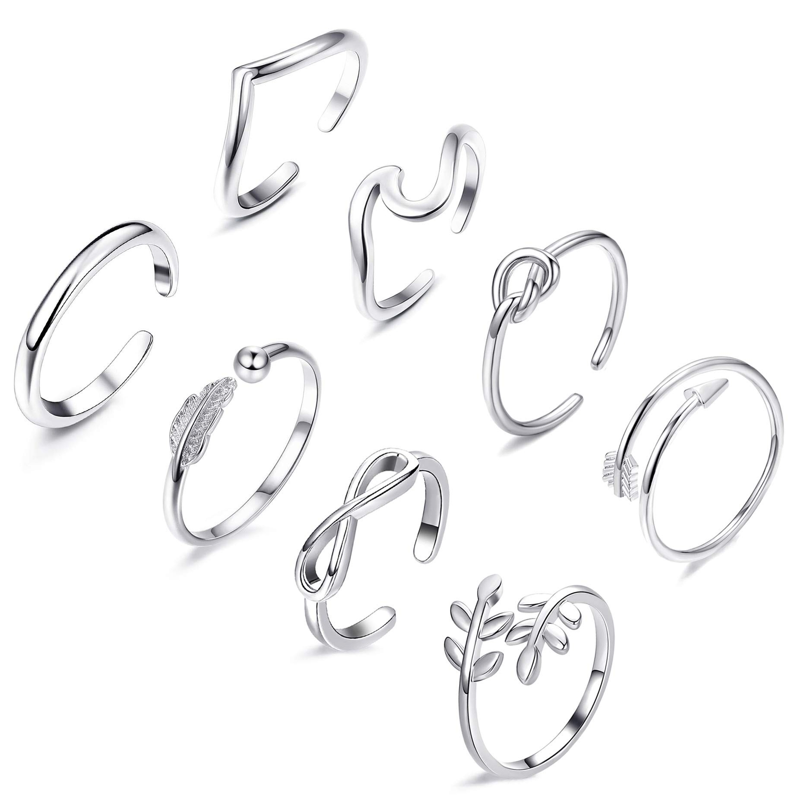 FUNEIA 8PCS Adjustable Rings for Women, Silver Stackable Knuckle Rings for Wo...