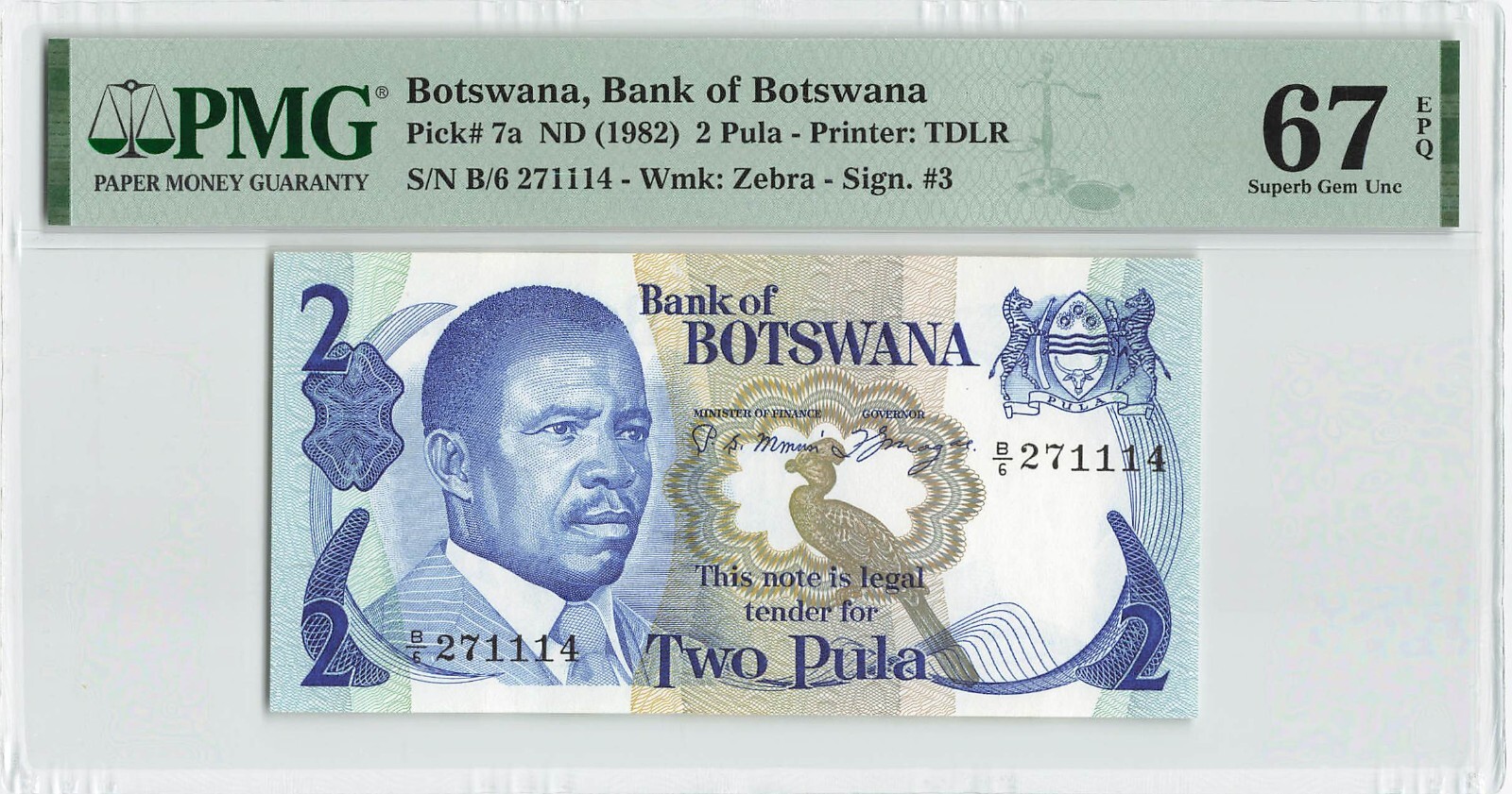 BOTSWANA 2 Pula 1982, P-7a First Signs, PMG 67 EPQ Superb Gem UNC TOP POP FINEST