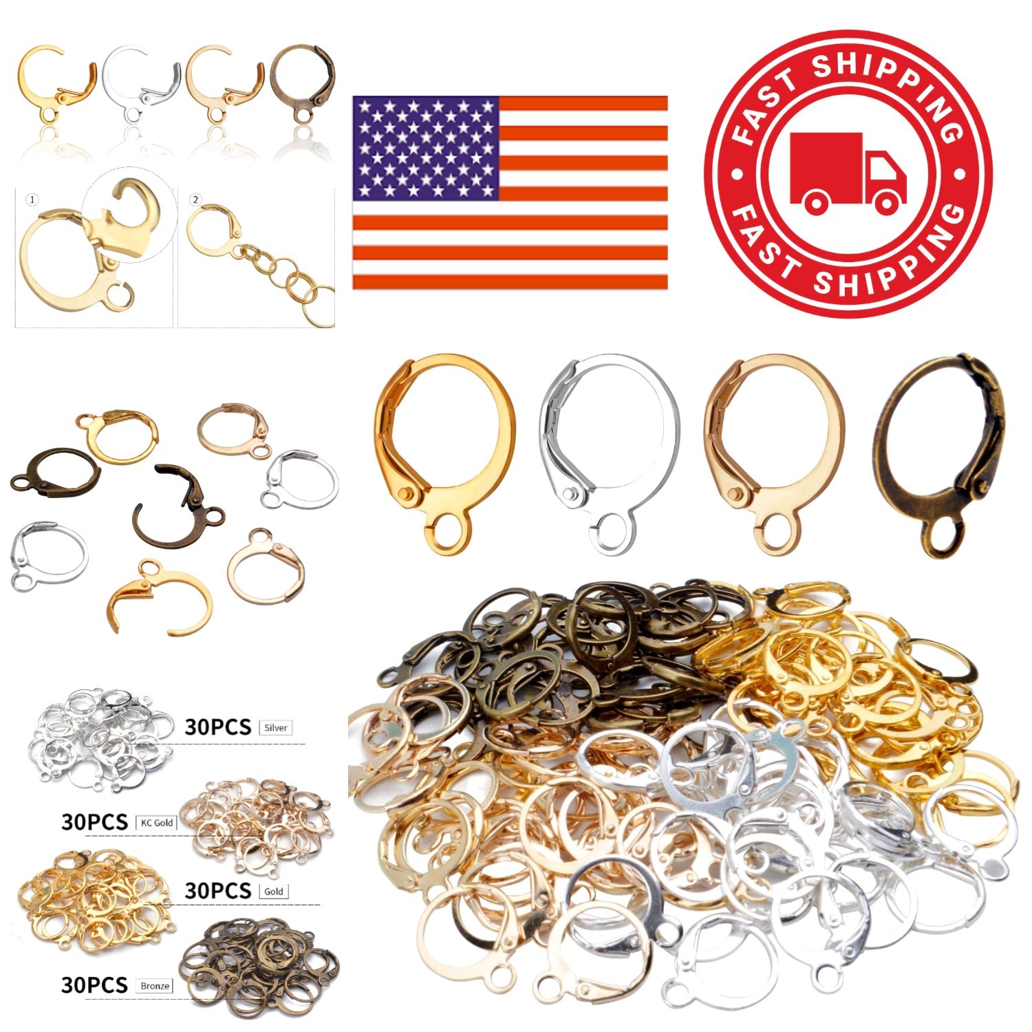 Hypoallergenic Earring Hooks 120 Pieces Brass Lever Back Ear Wire in 4 Colors