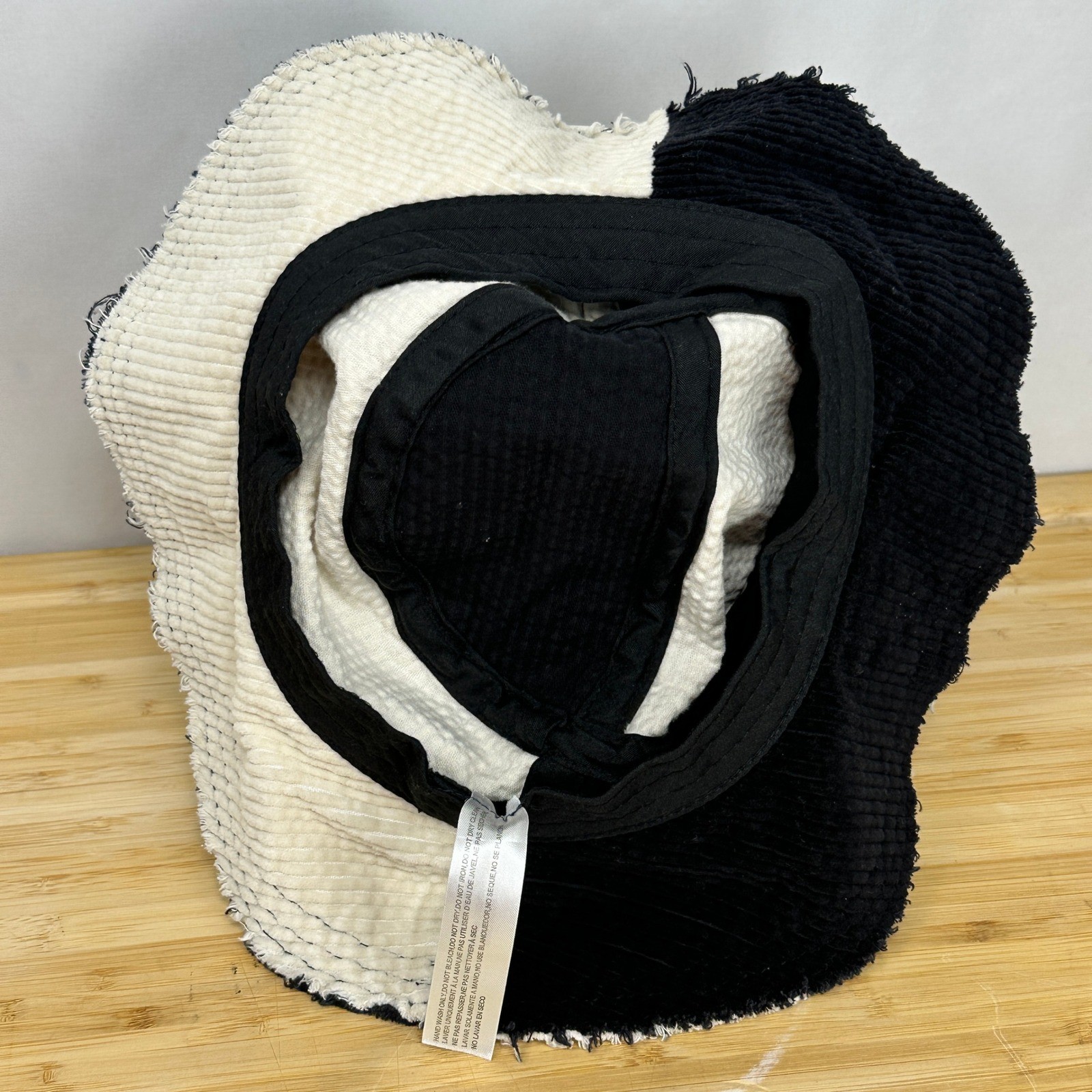 BDG Urban Outfitters Black White Corduroy Bucket Hat Frayed Colorblock Patch