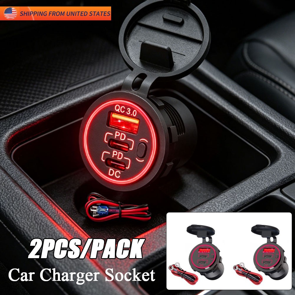 2XCar Marine Boat USB C Charger Outlet Socket Port PD3.0 USB-C and 18W QC3.0 Red